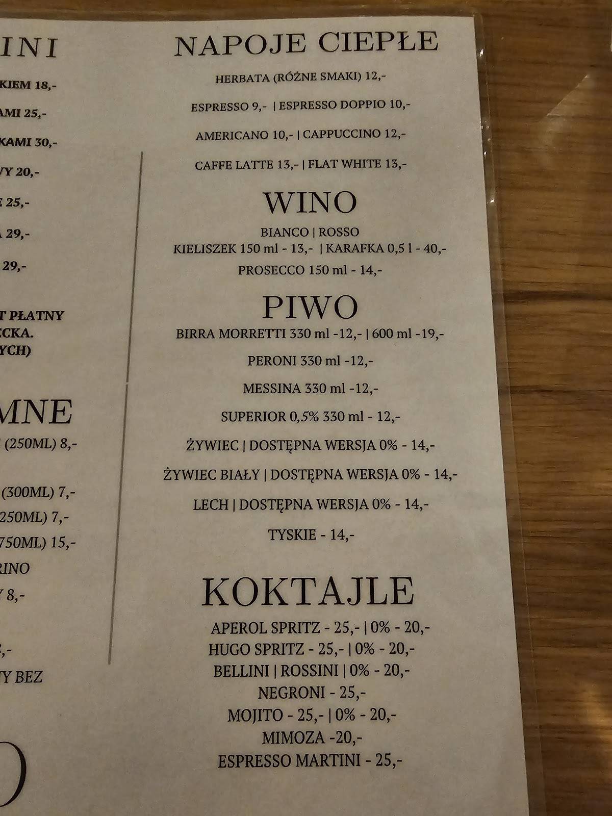 Restauracja włoska d’ORO Ristorante меню