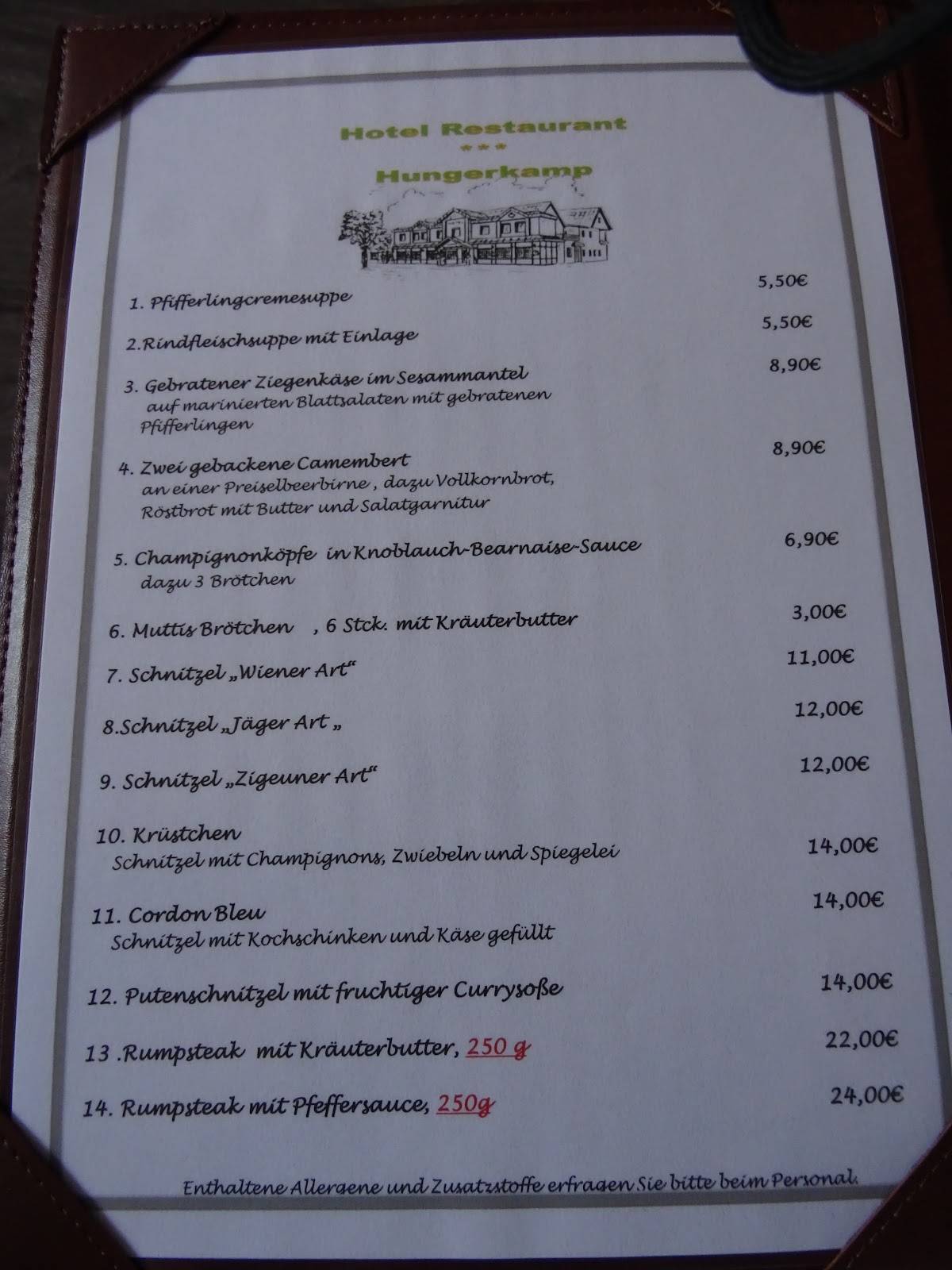 Hotel-Restaurant Hungerkamp меню