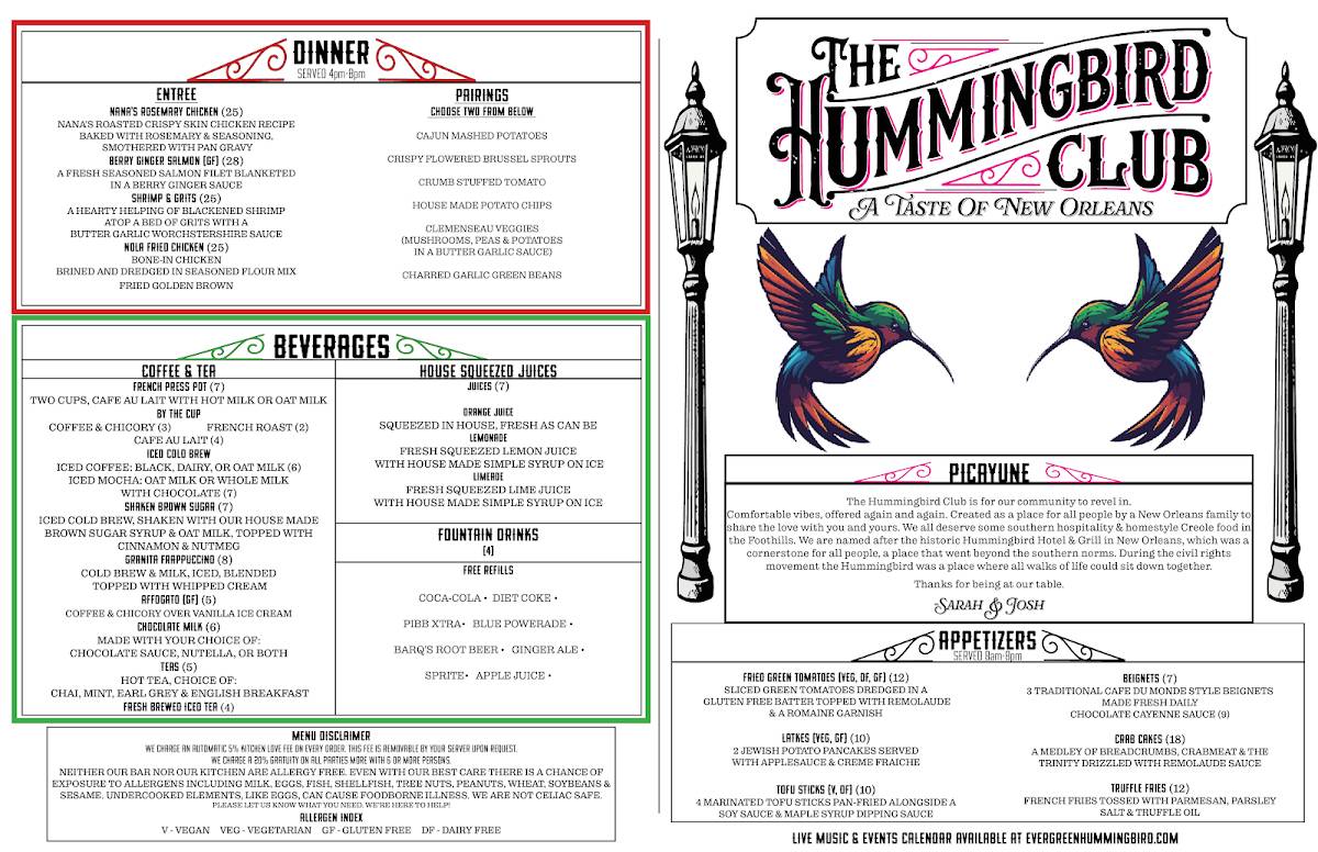 Hummingbird Club меню