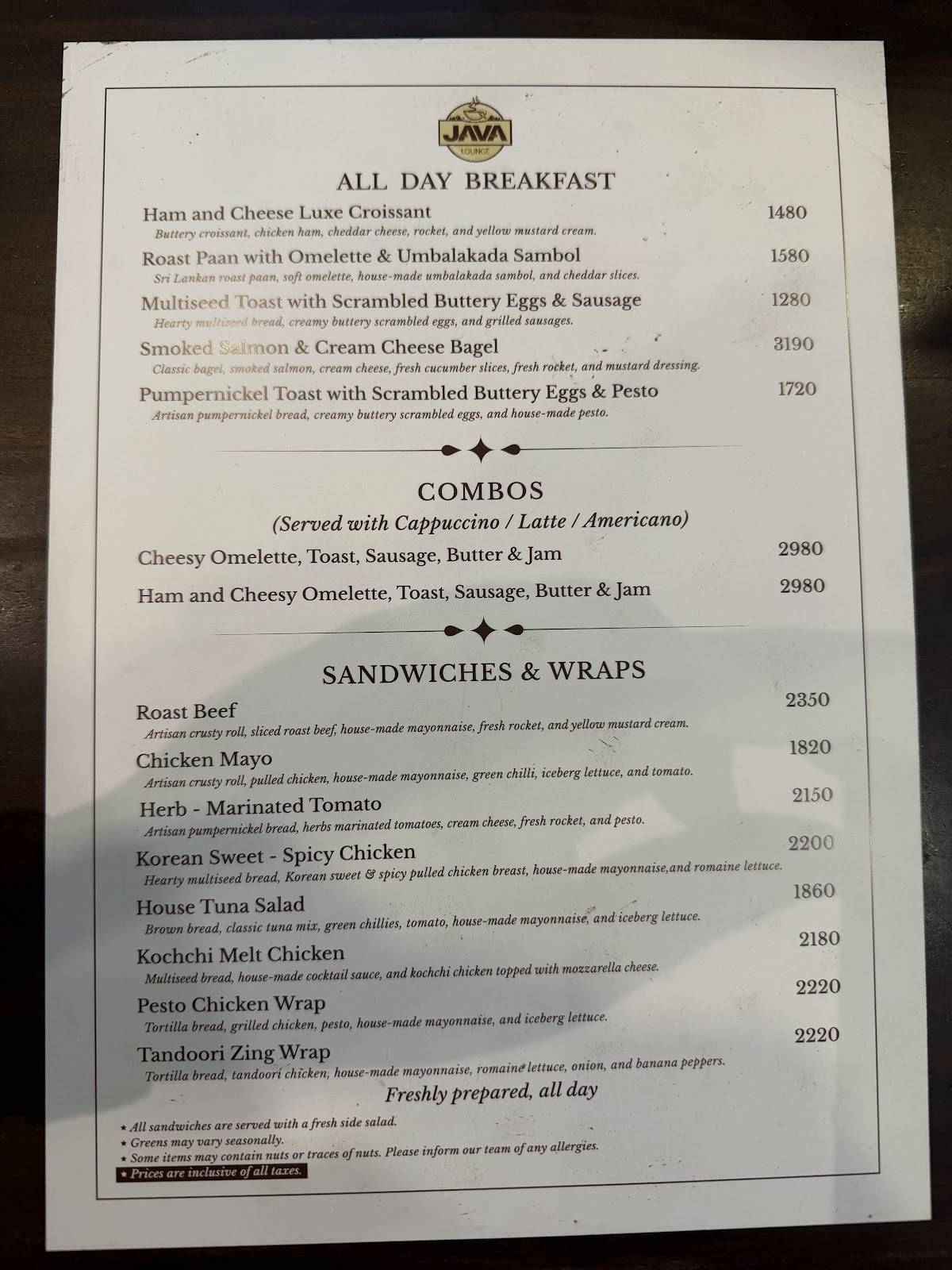 Java Lounge - Kandy меню