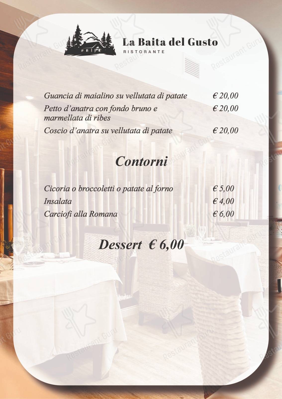 Меню LA BAITA DEL GUSTO RISTORANTE - еда и напитки