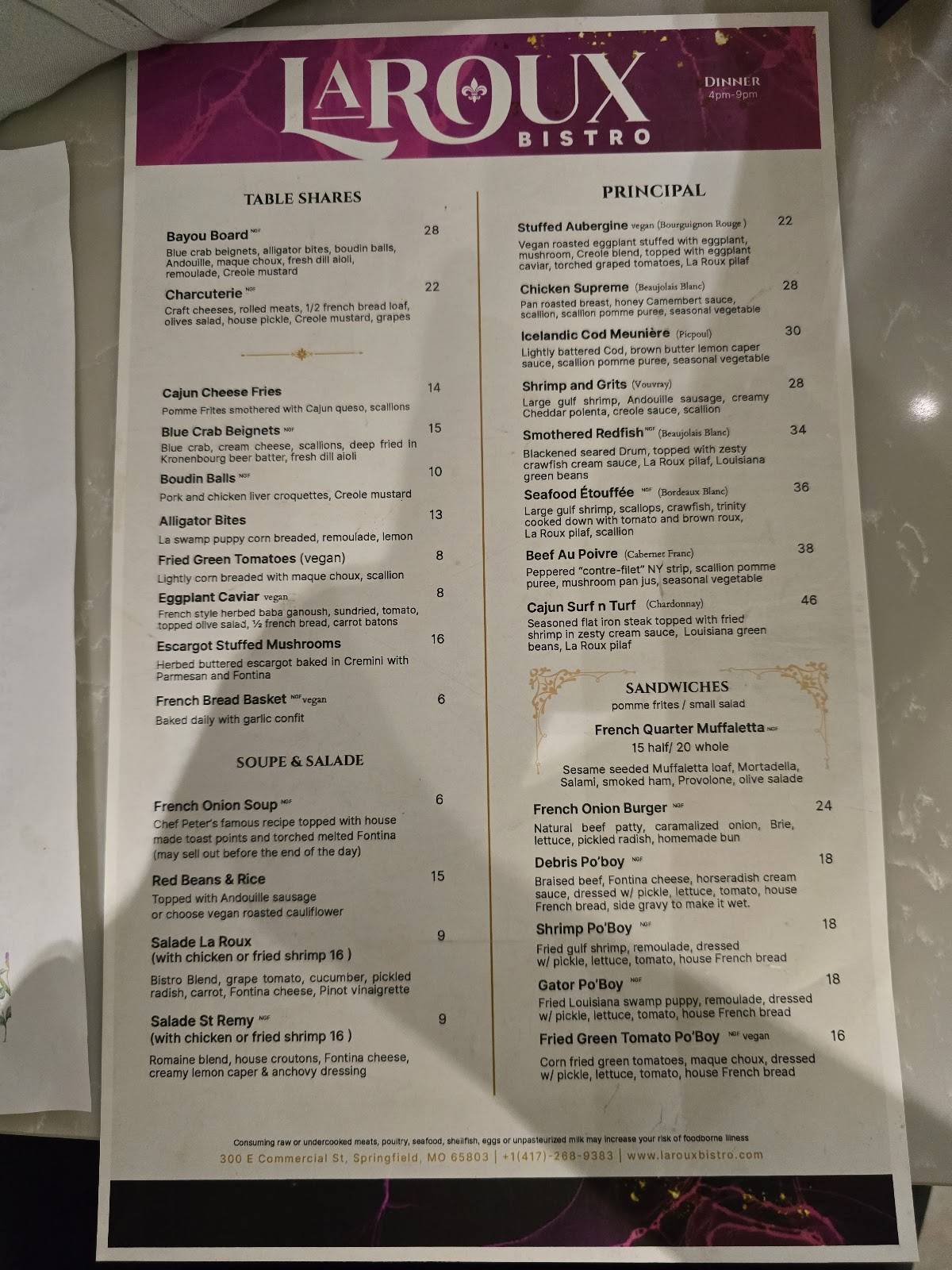 La Roux Bistro меню