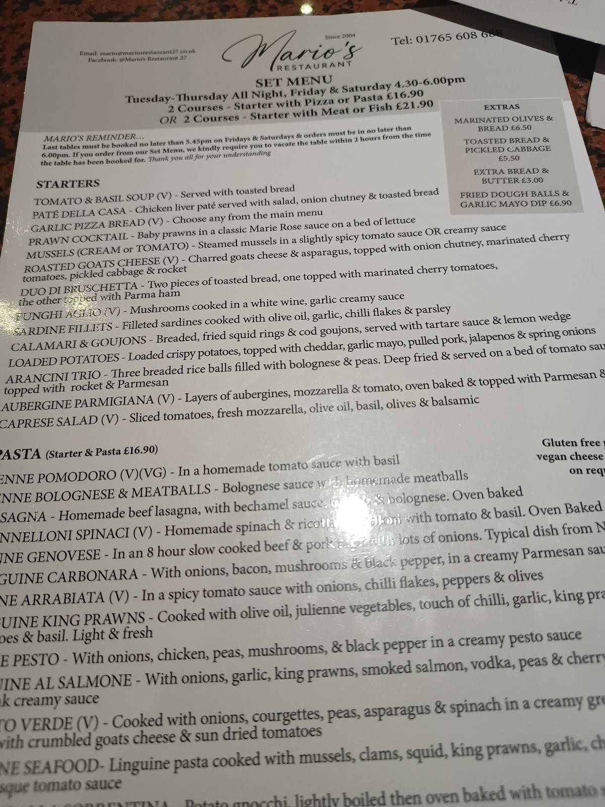 Mario's Restaurant Ripon меню