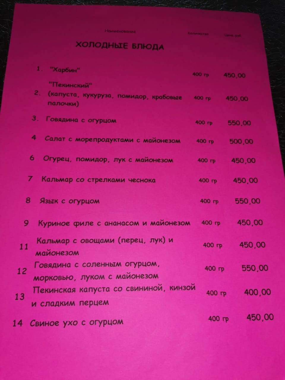 Надежда меню