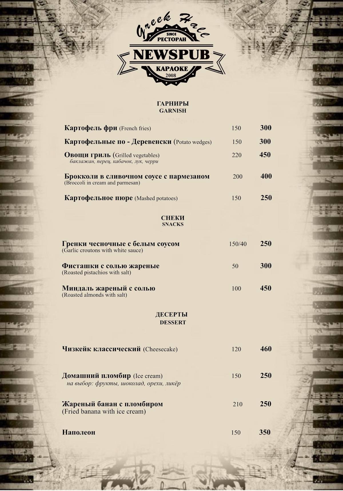 Ньюс Паб меню