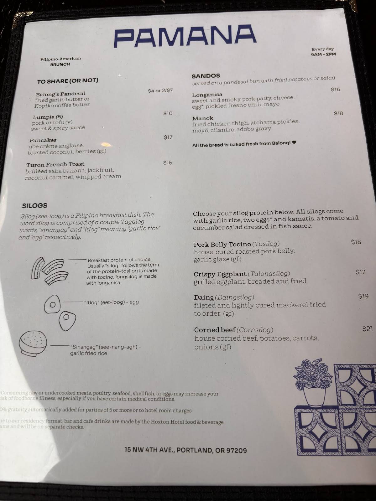 Pamana Filipino American Restaurant меню