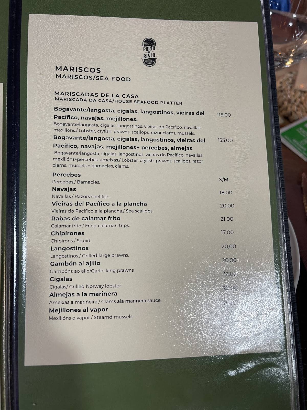 Porto de Rinlo меню