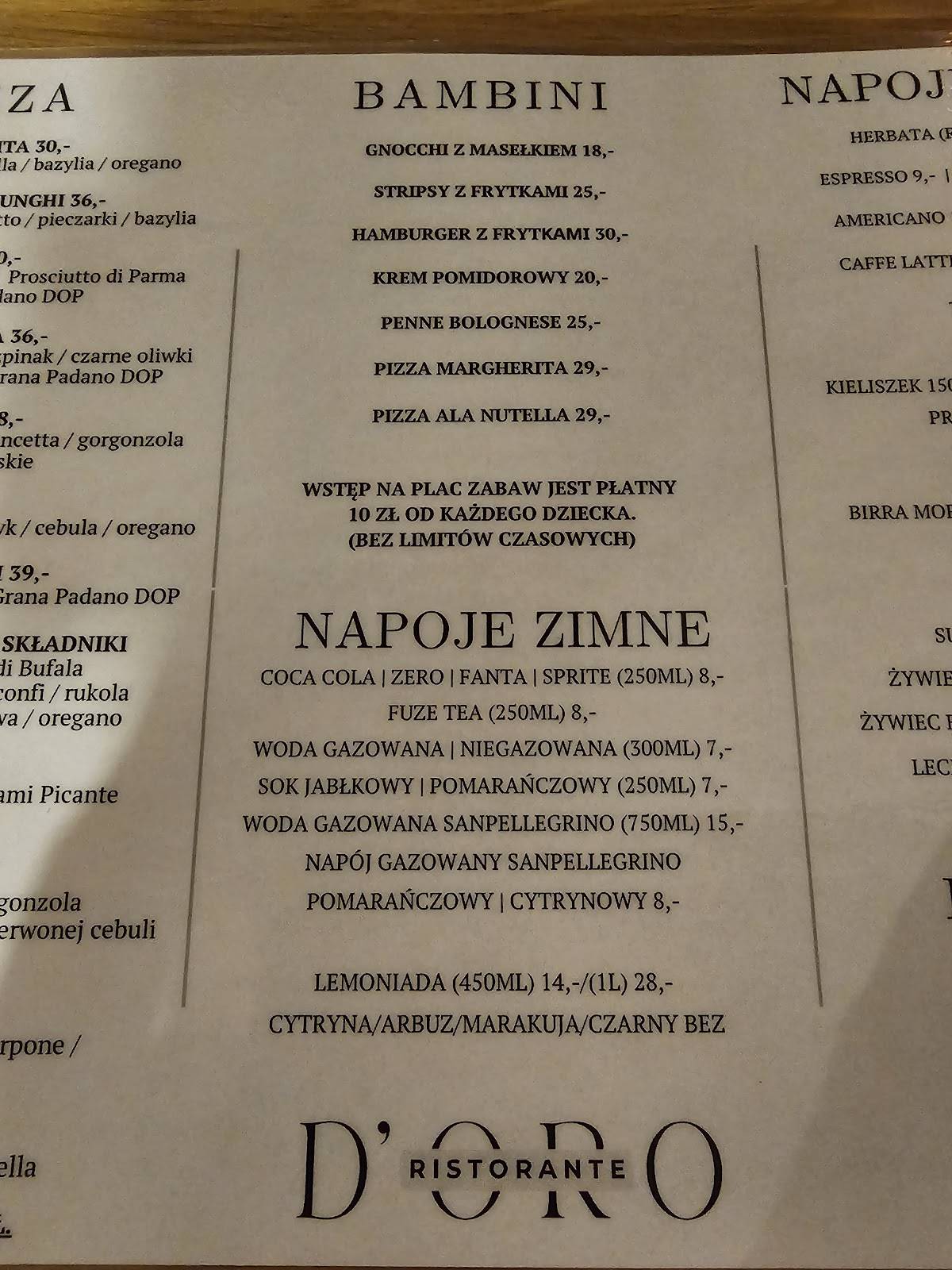 Restauracja włoska d’ORO Ristorante меню