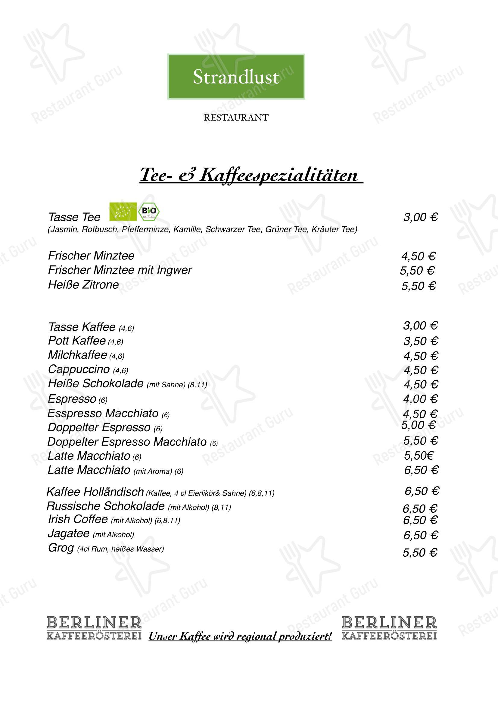 Меню ресторана Restaurant Strandlust - Меню
