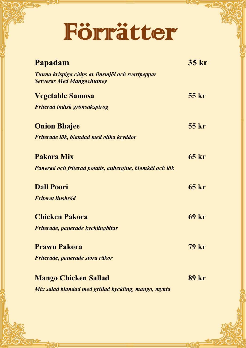 Tripti Indisk Restaurang меню