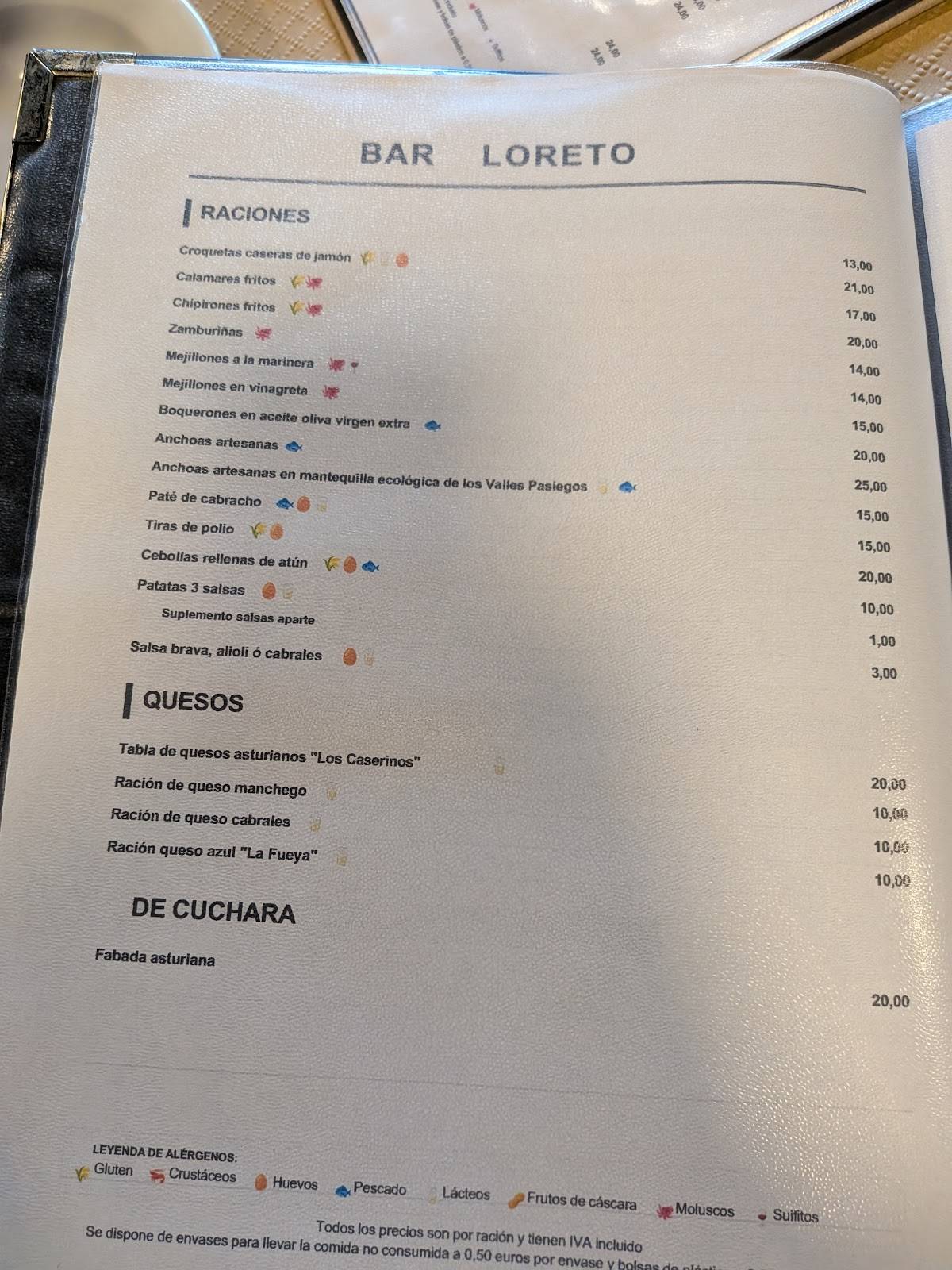 Restaurante Bar Loreto меню