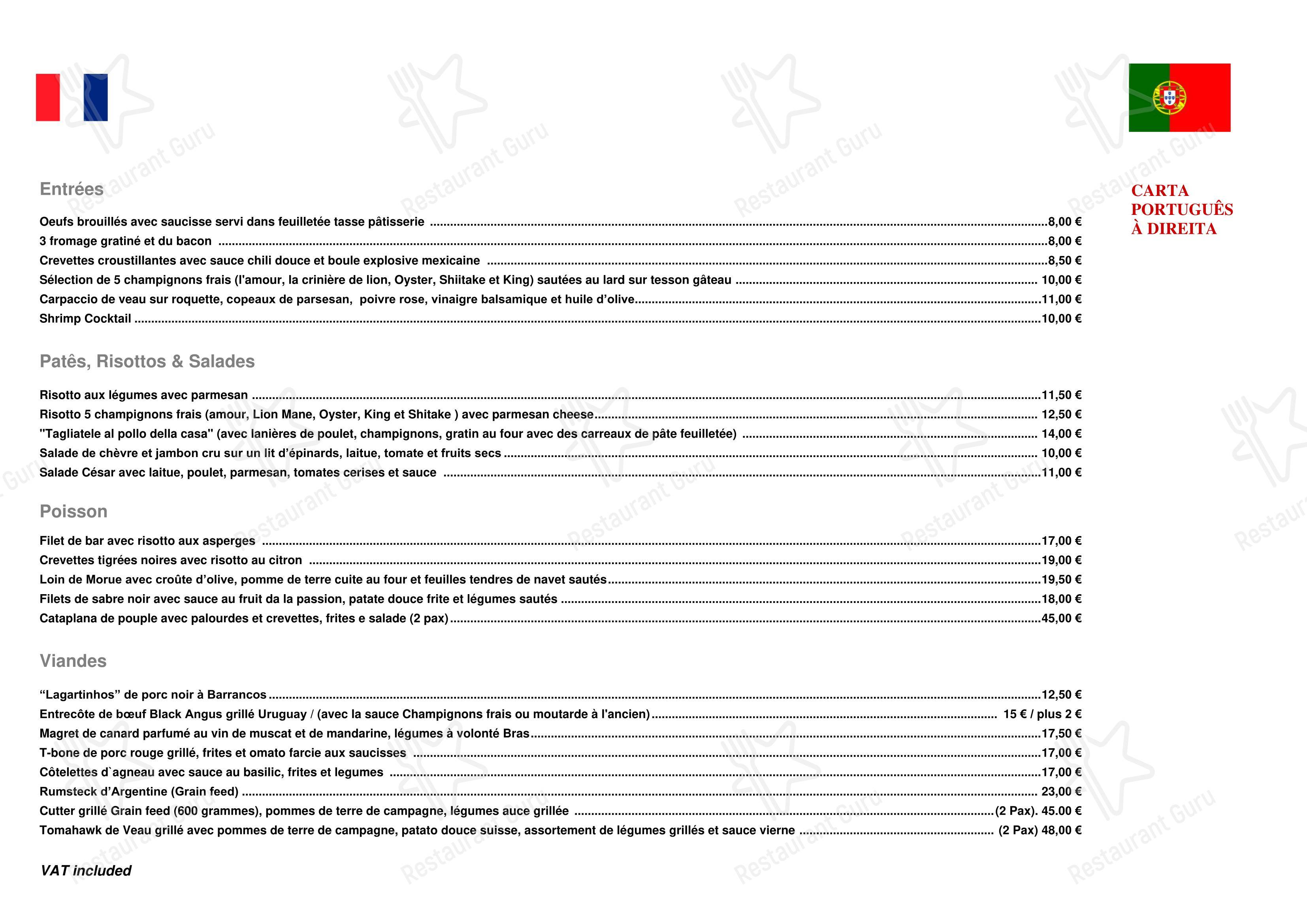 Основное меню ресторана Palhinhas Gold