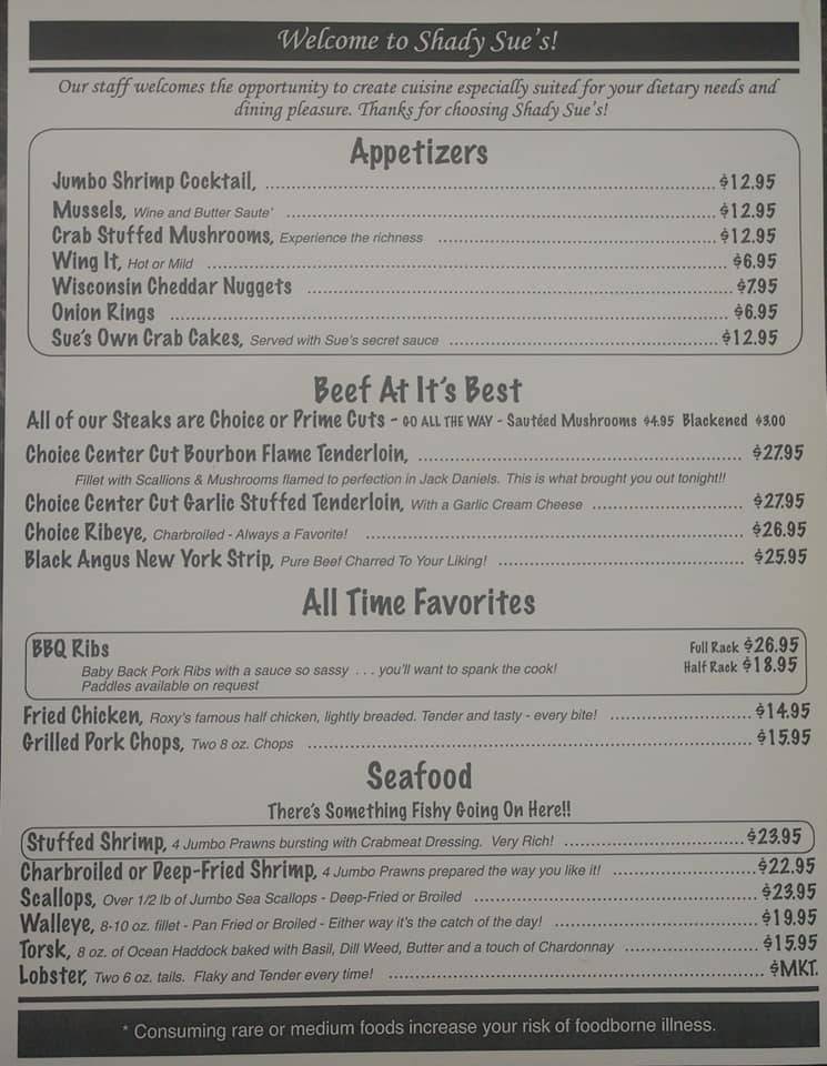 Shady Sue's меню