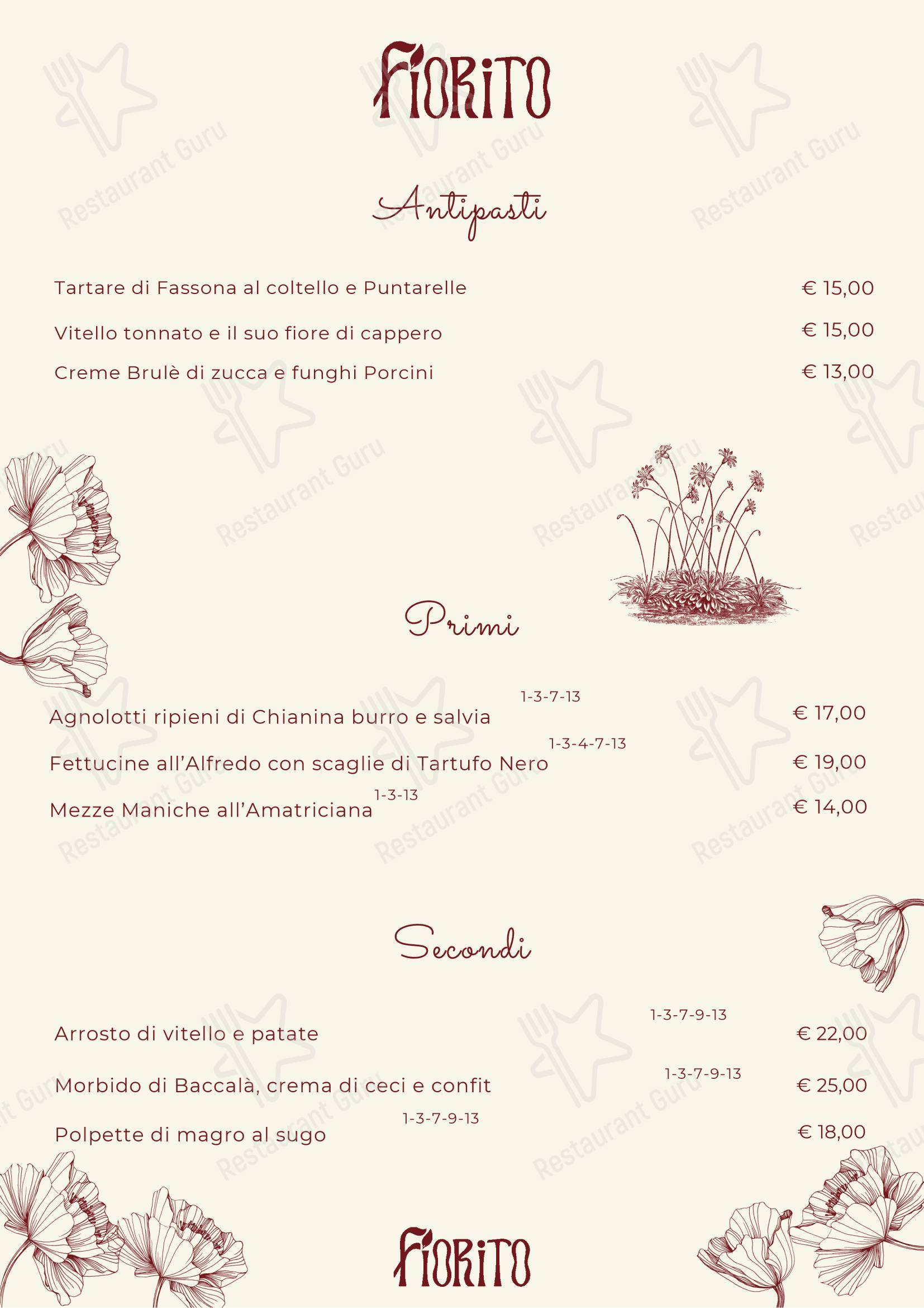 Меню ресторана Ristorante Fiorito