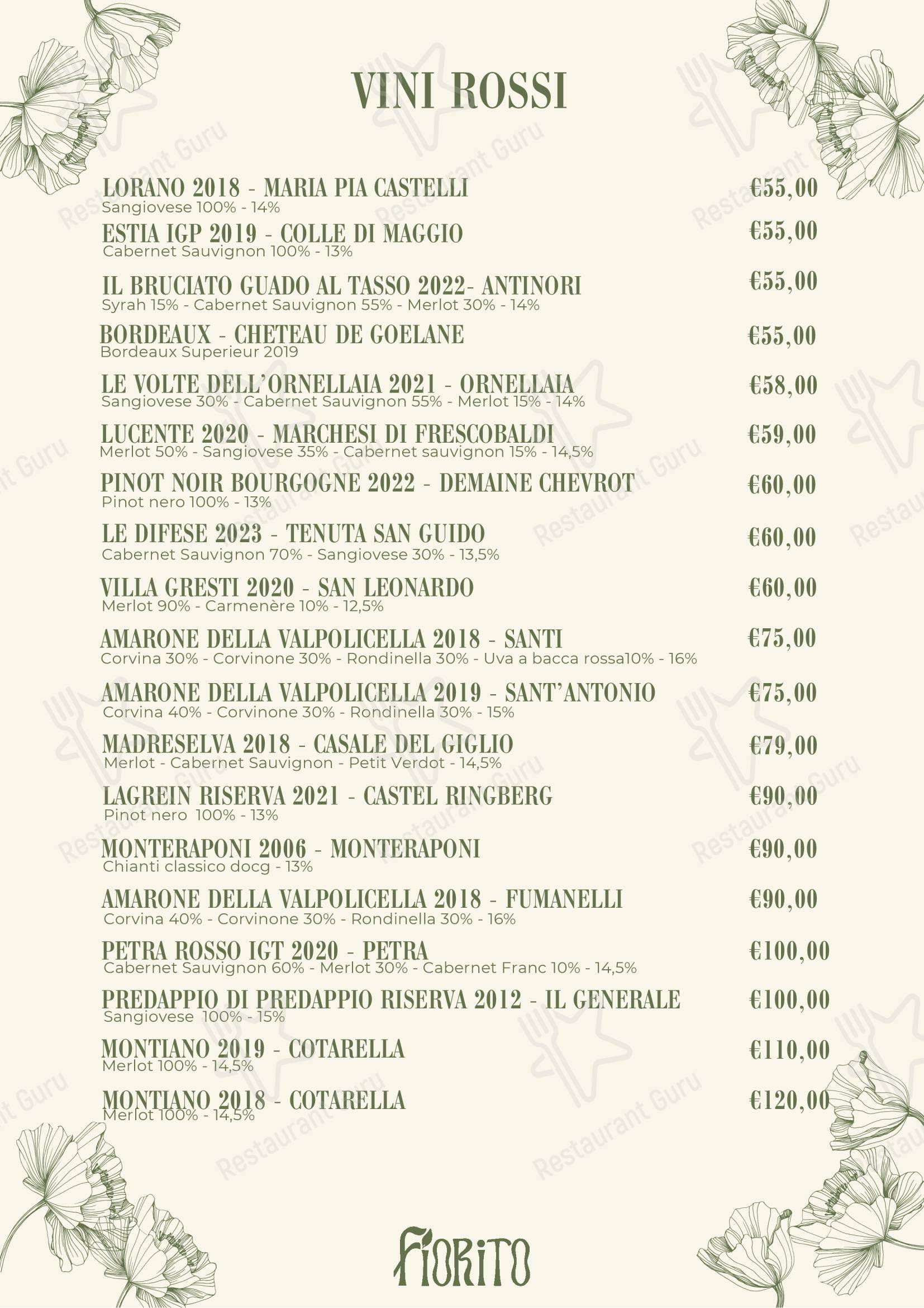Ristorante Fiorito в Риме - Dinner Menu