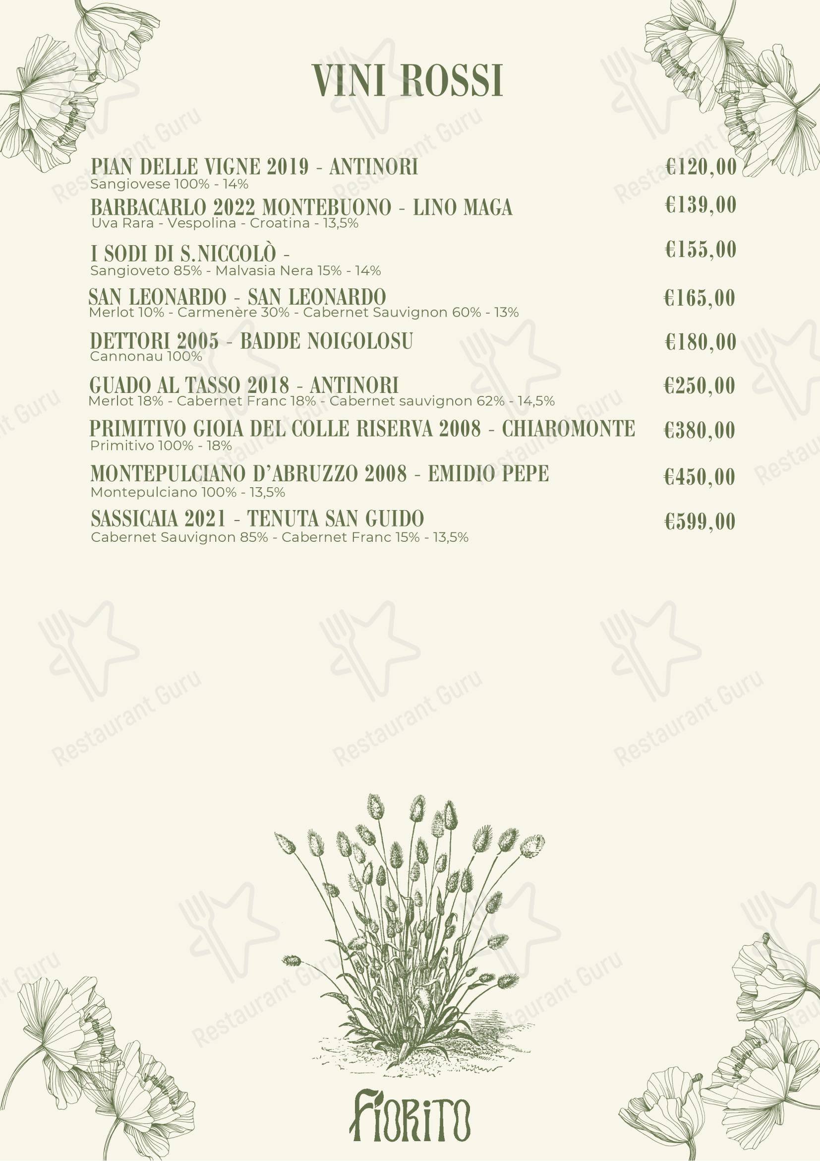 Dinner Menu ресторана Ristorante Fiorito