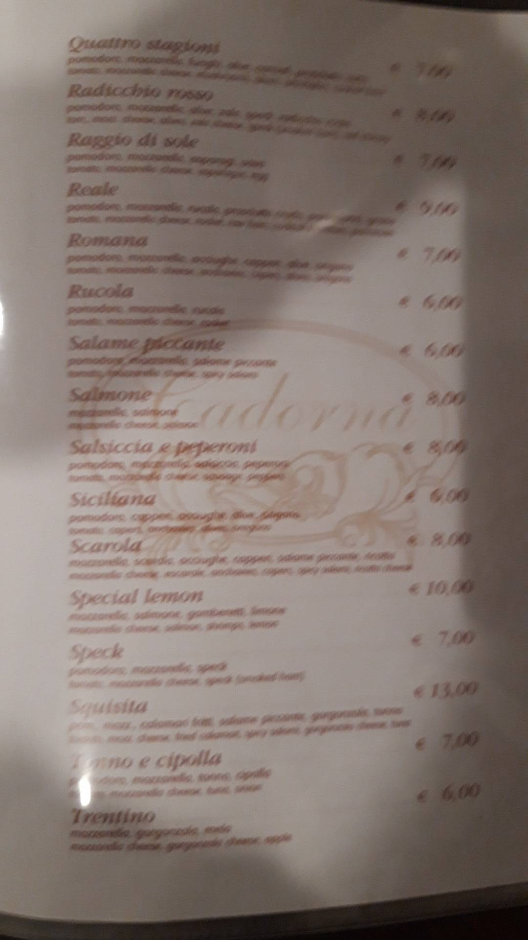 Ristorante Pizzeria Cadorna меню