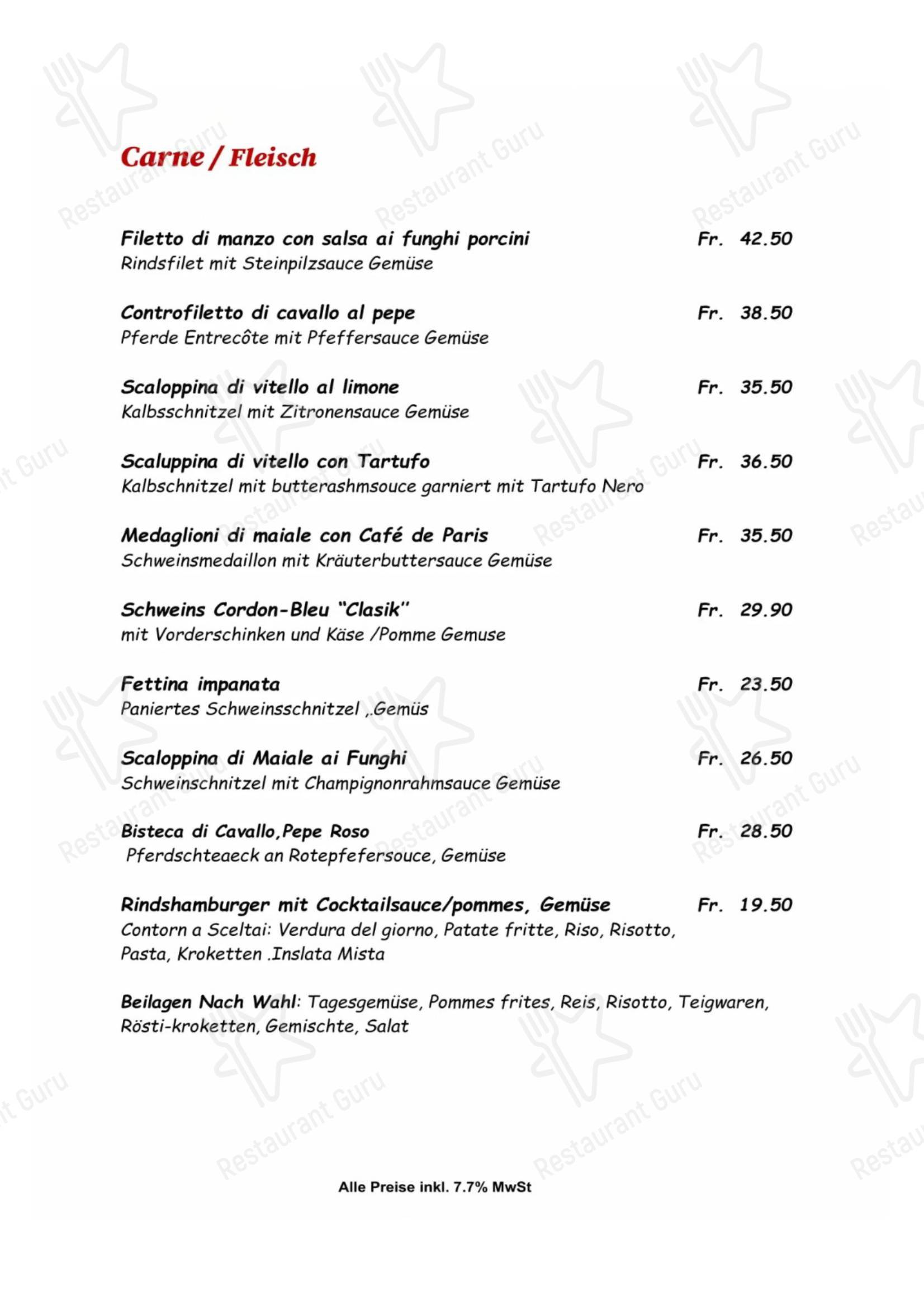 菜单 пиццерии Ristorante Pizzeria Calabrisella в Берне