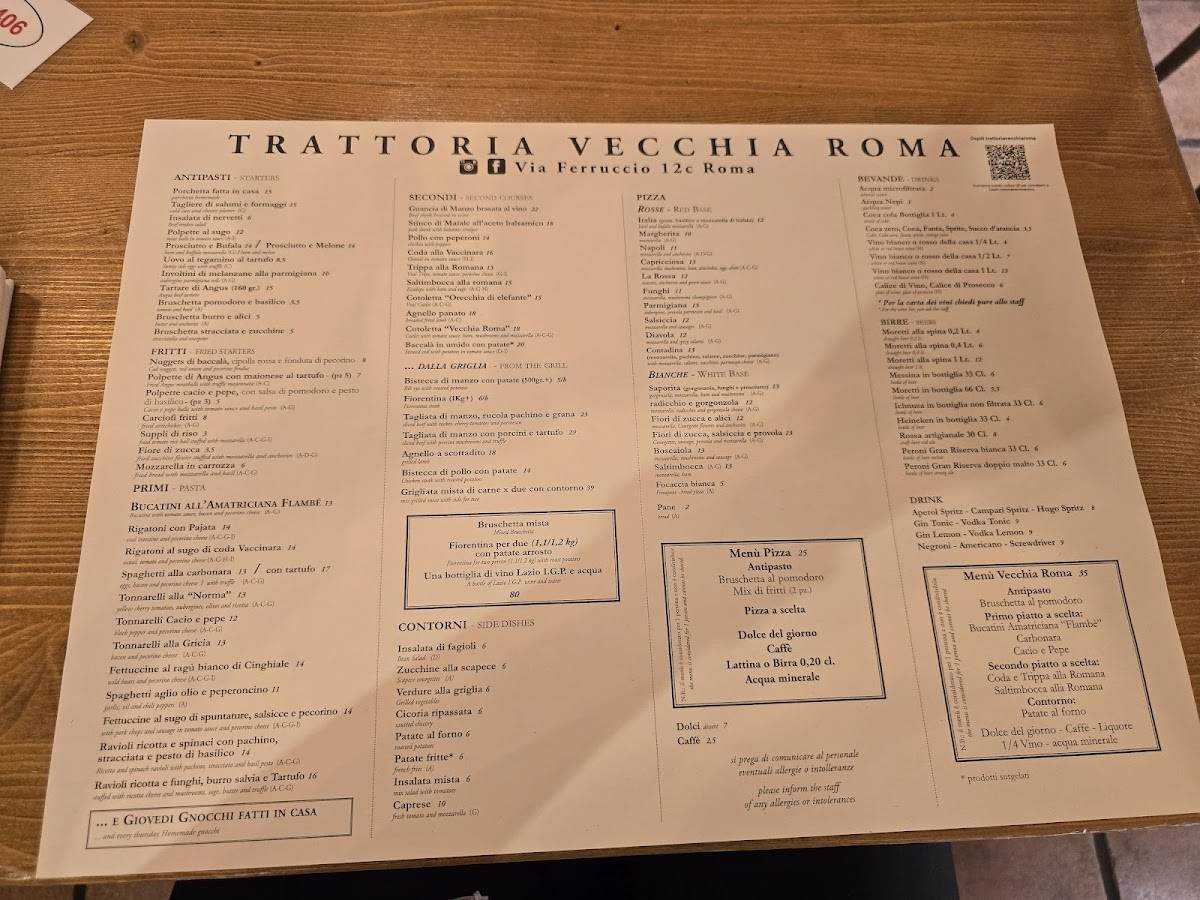 Ristorante Vecchia Roma меню