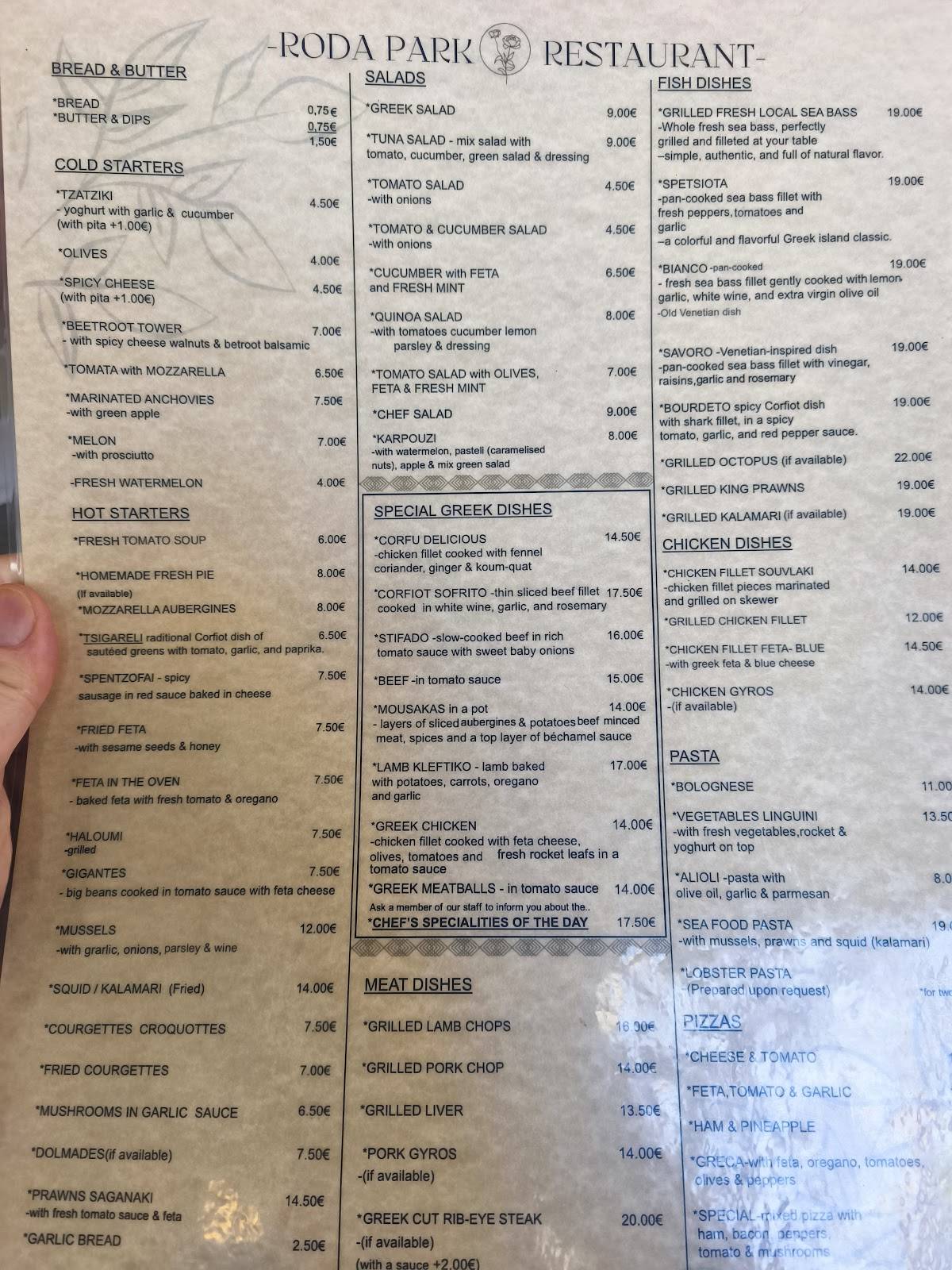 Roda Park Restaurant меню