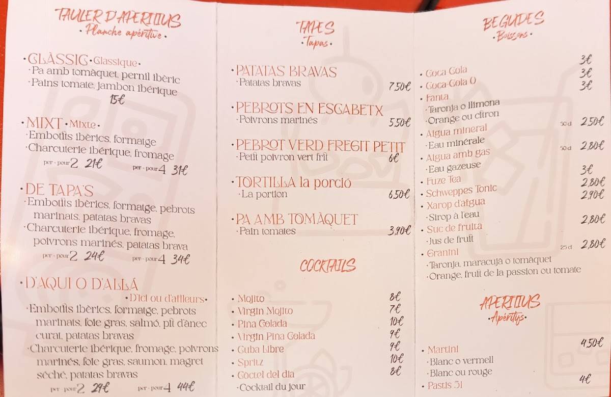 DE TAPA'S BAR меню