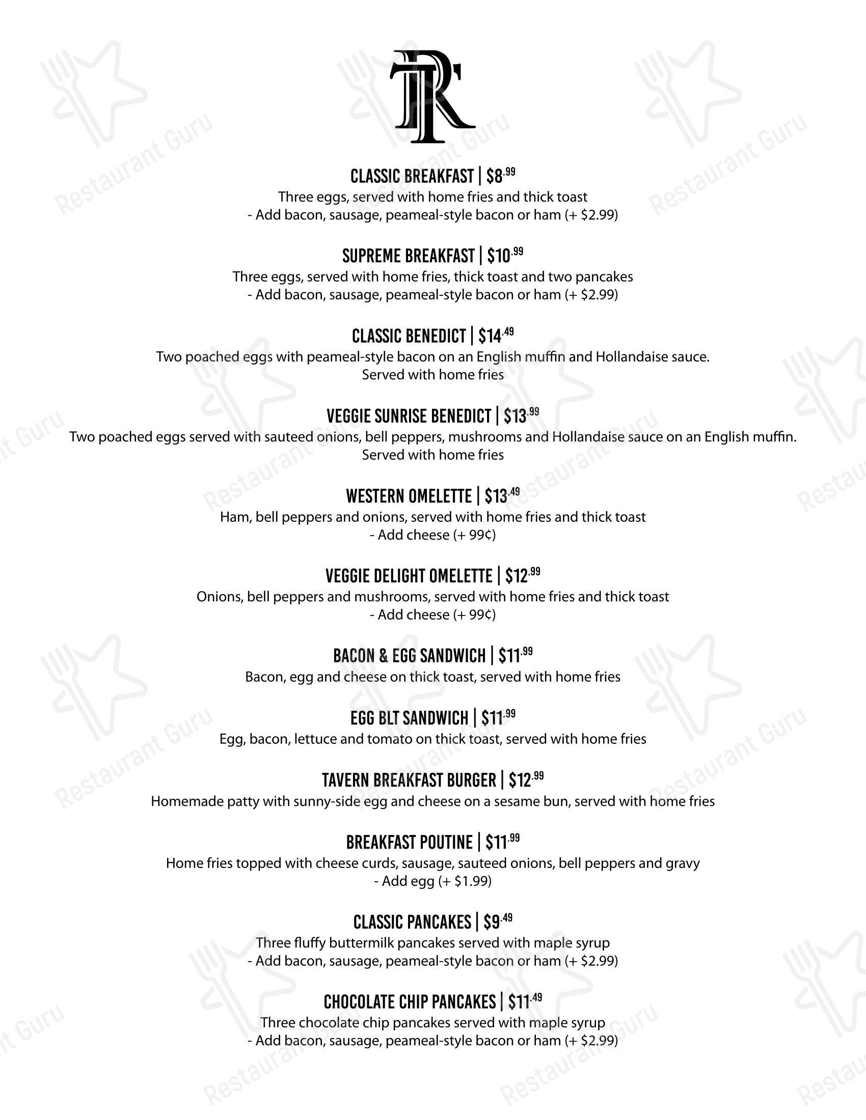 Меню ресторана Round Table Tavern в Торонто