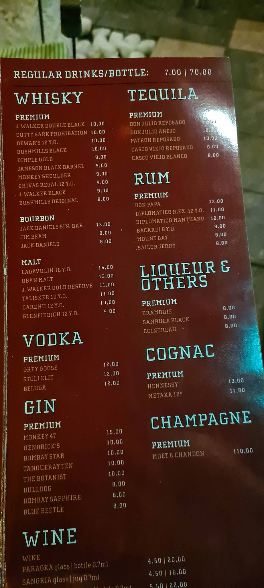 SANTE ROCK BAR меню