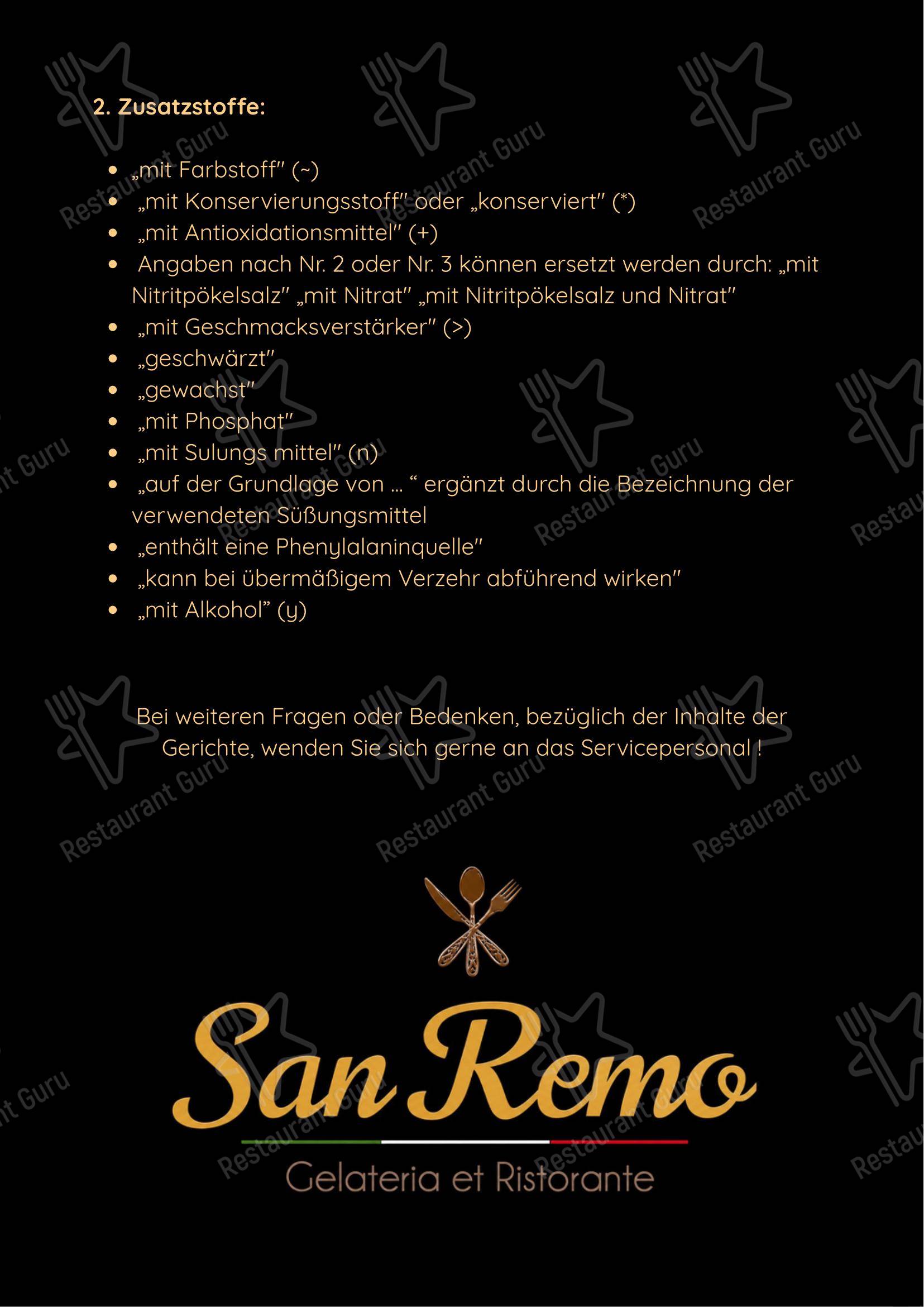 Меню напитков пиццерии San Remo Eiscafé, Pizzeria und Restaurant - Rerik