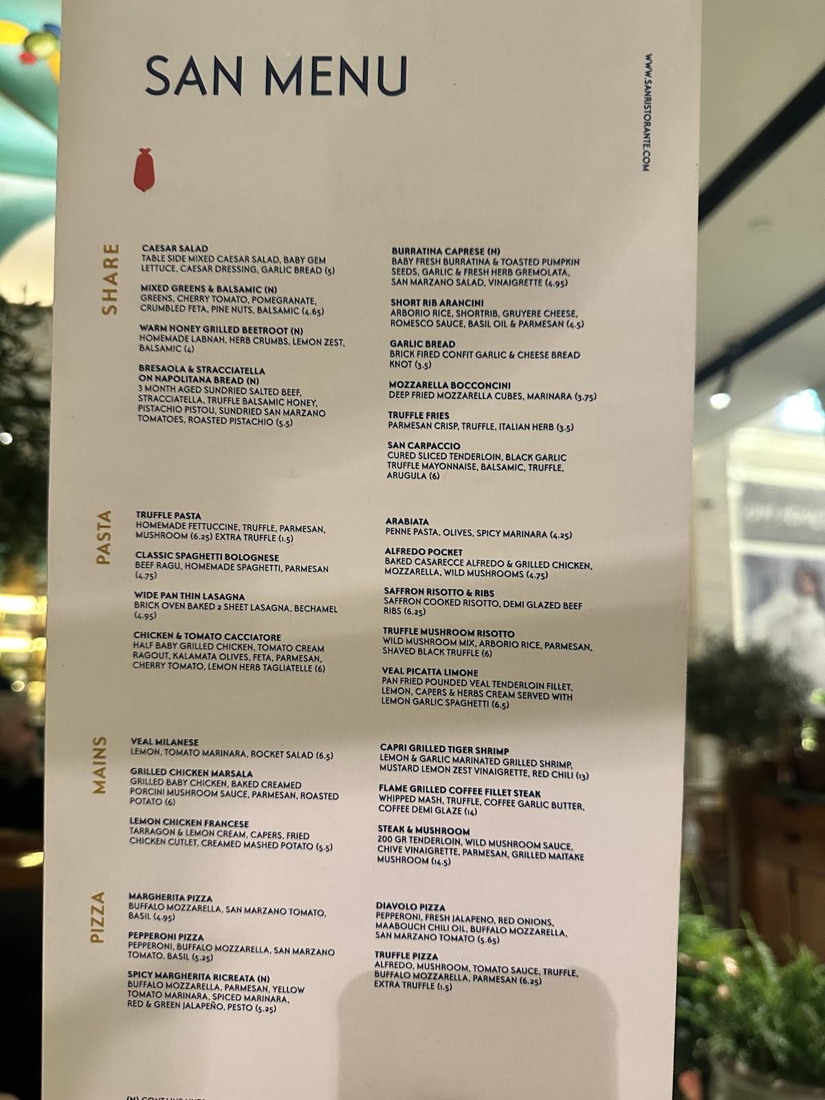 San Ristorante меню
