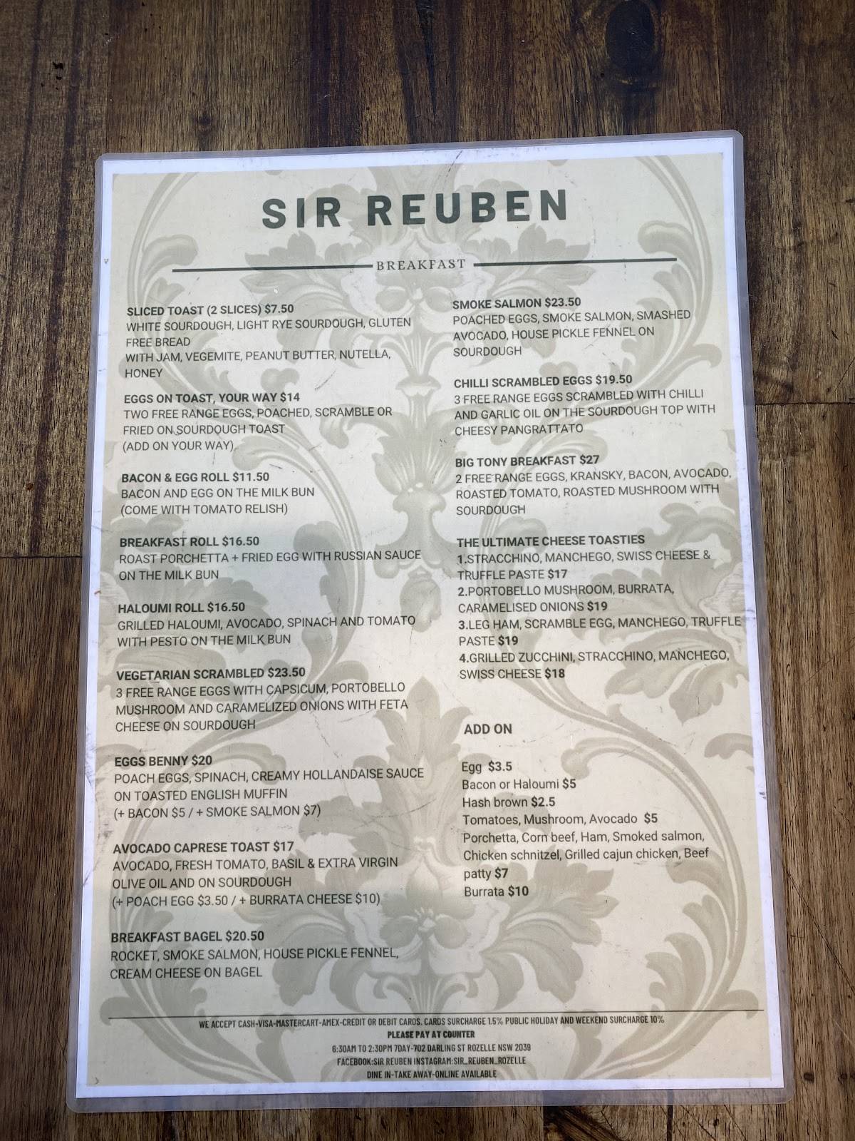 Sir Reuben меню