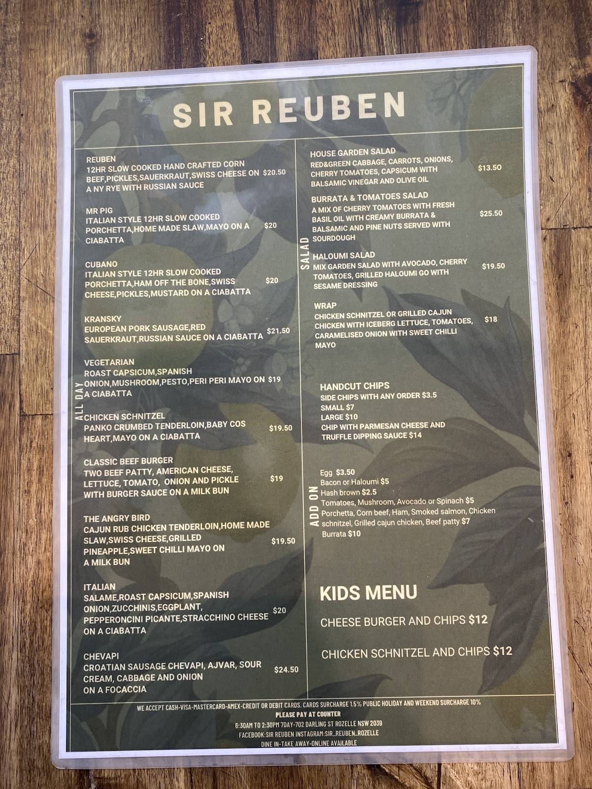 Sir Reuben меню