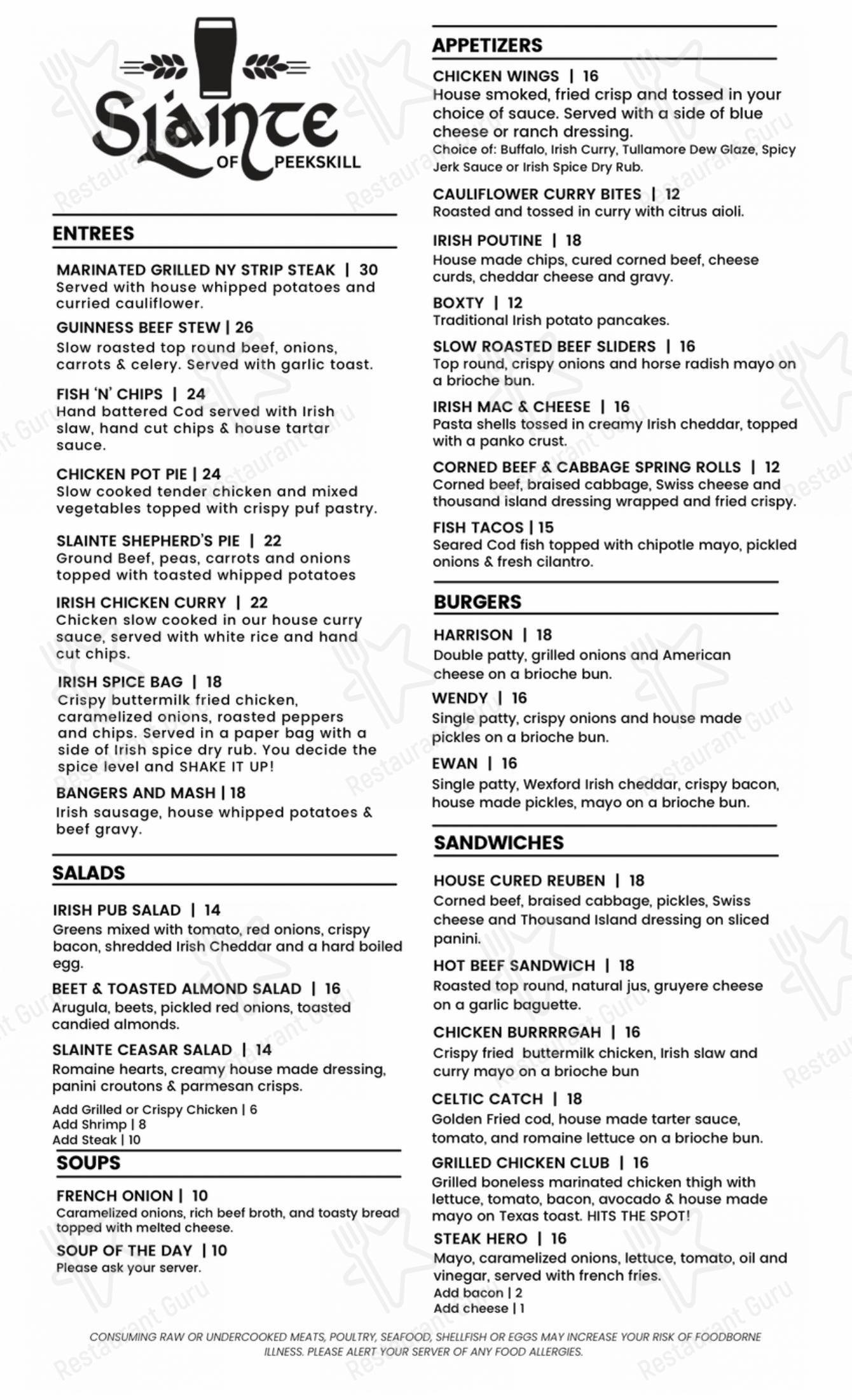 Slainte Peekskill в Пикскилле - Меню