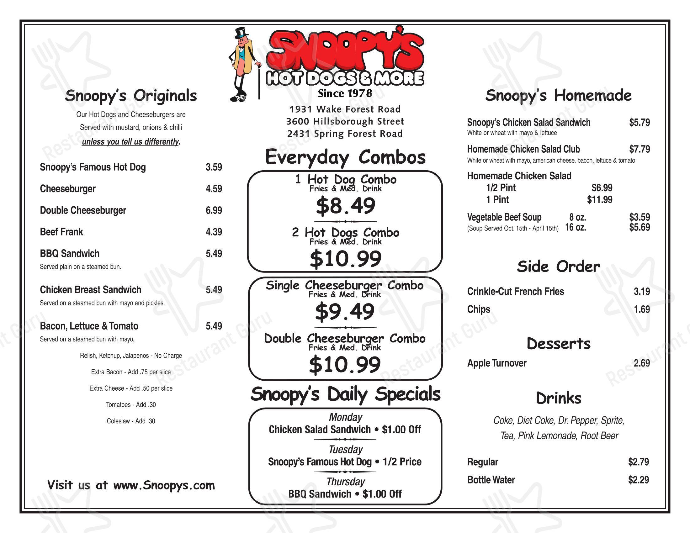 Snoopy's Hot Dogs & More в Ролях - Меню