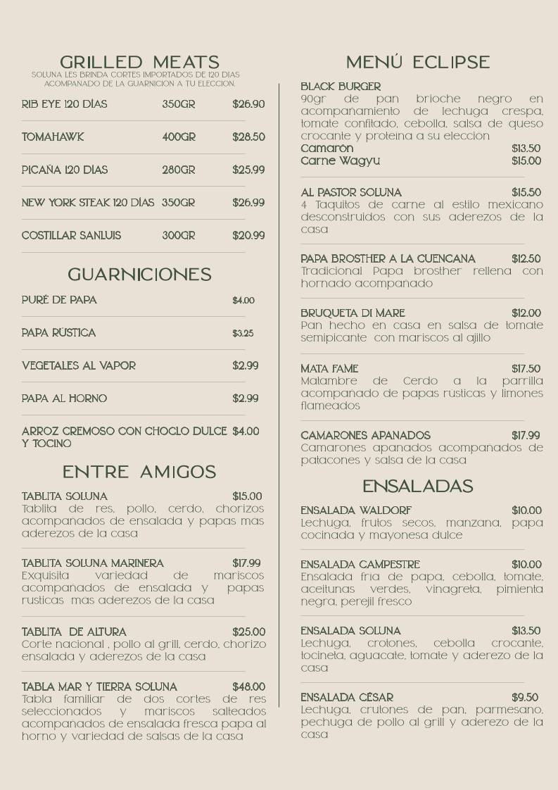 Soluna Rooftop Cuenca меню