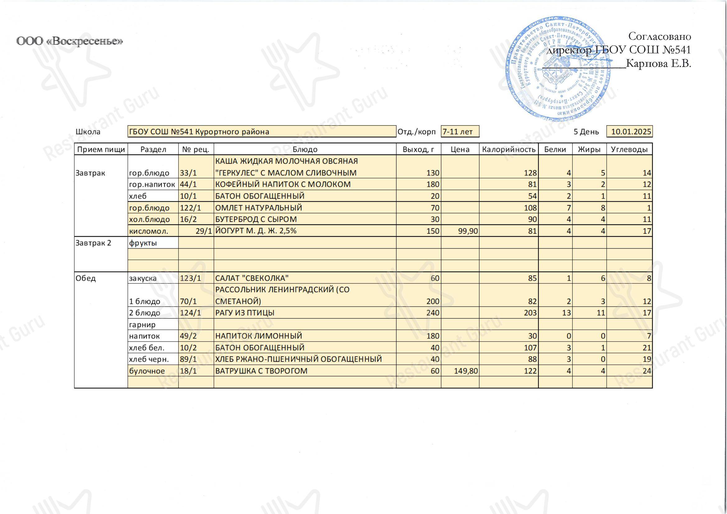 Notre carte de menu кафетерия Столовая школы № 541 в Сестрорецке