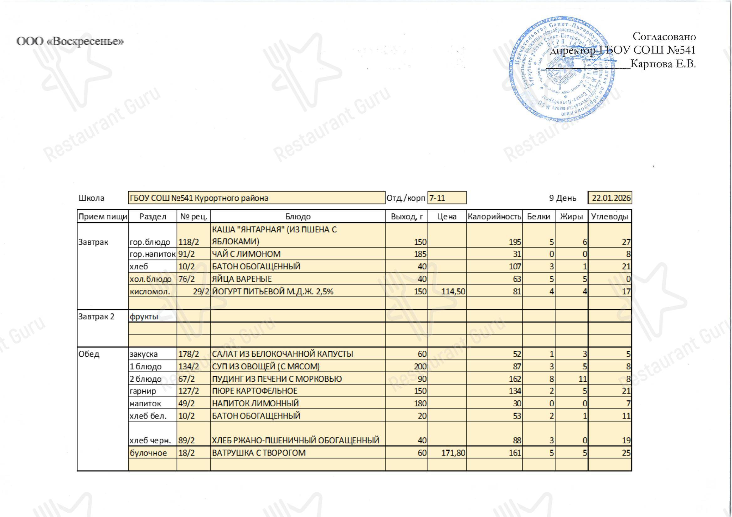 Столовая школы № 541 в Сестрорецке - FULL CATERING MENU