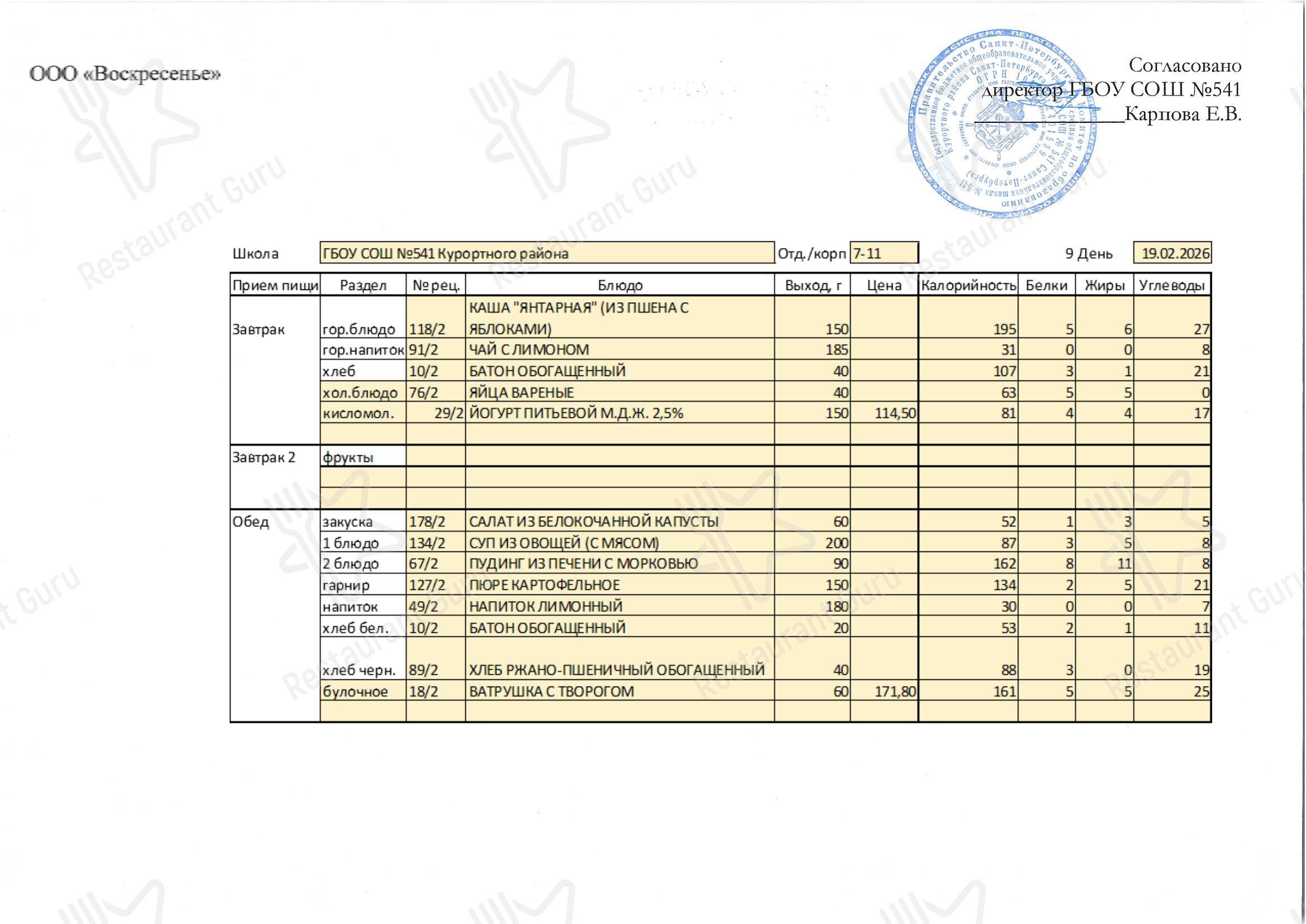 Group menu кафетерия Столовая школы № 541