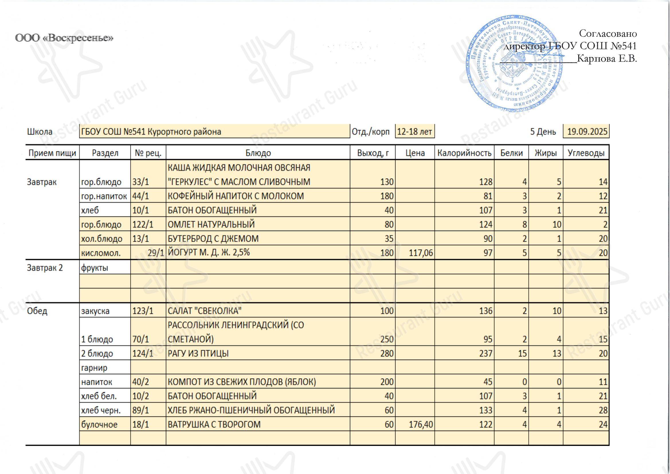 Столовая школы № 541 в Сестрорецке - Wine Dine Menu