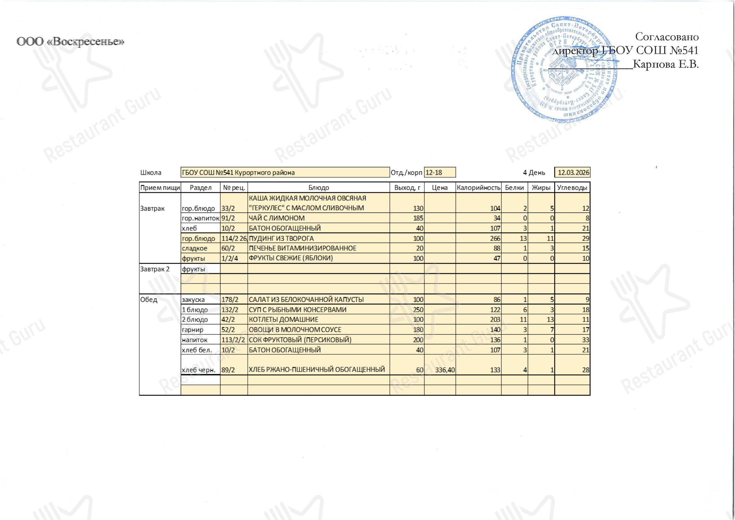 Столовая школы № 541 в Сестрорецке - Menu List