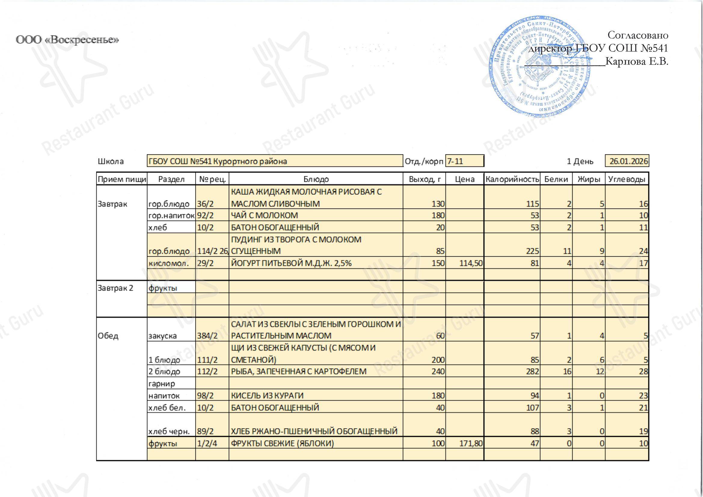 SAMPLE DINNER MENU кафетерия Столовая школы № 541