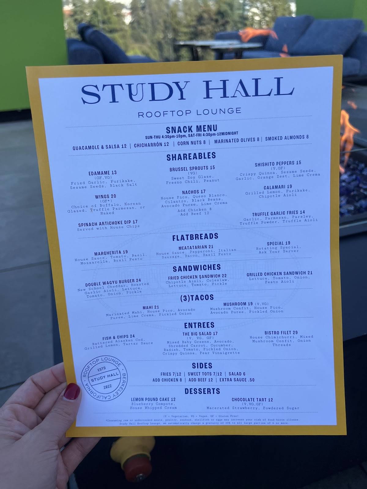 Study Hall Rooftop Lounge меню