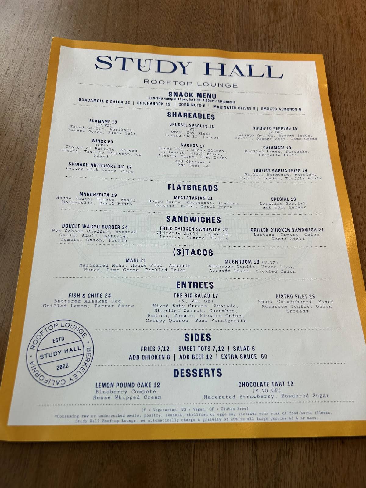 Study Hall Rooftop Lounge меню