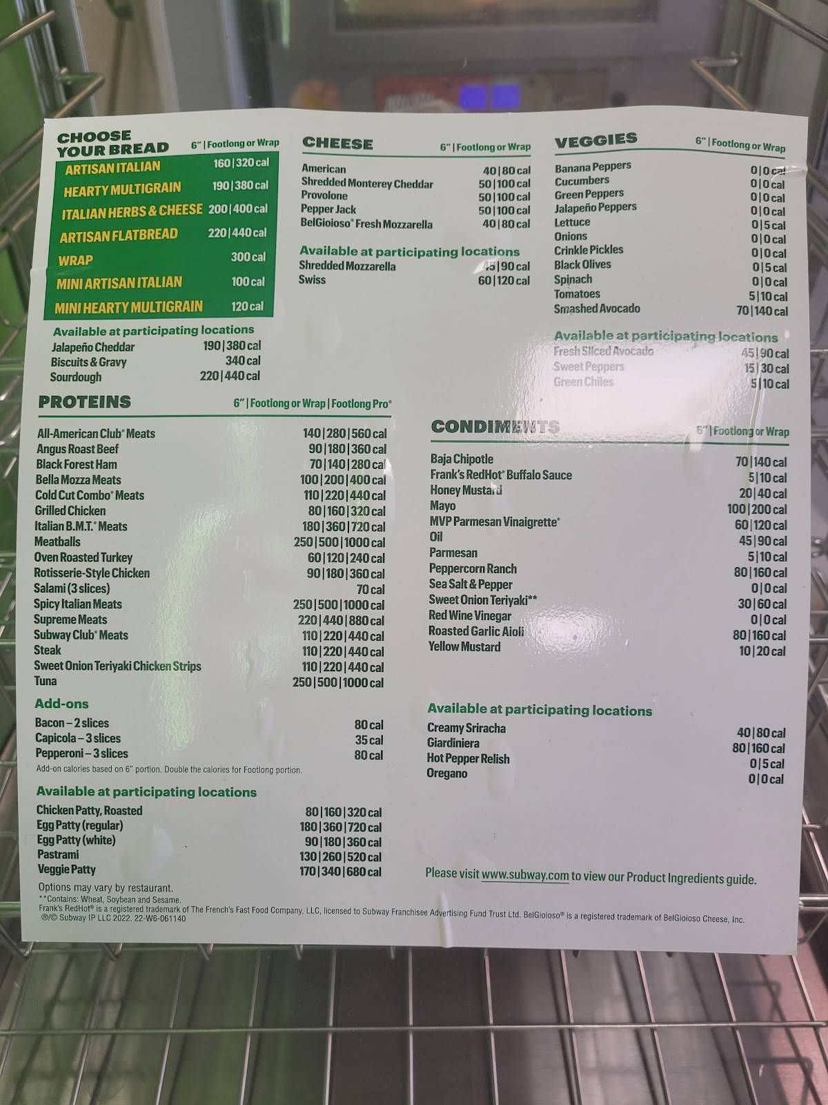 Subway меню