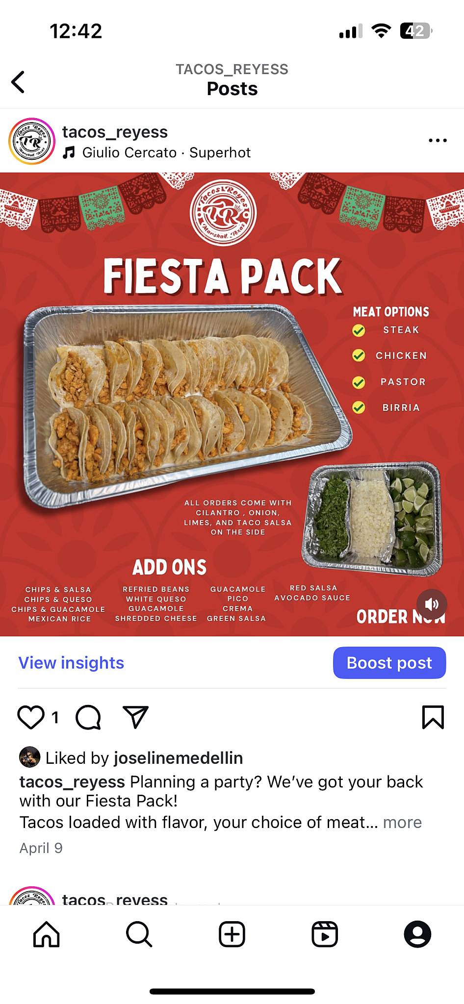 Tacos Reyes Restaurant меню
