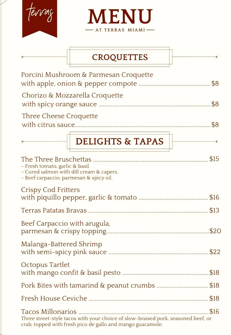 Terras Miami Rooftop меню