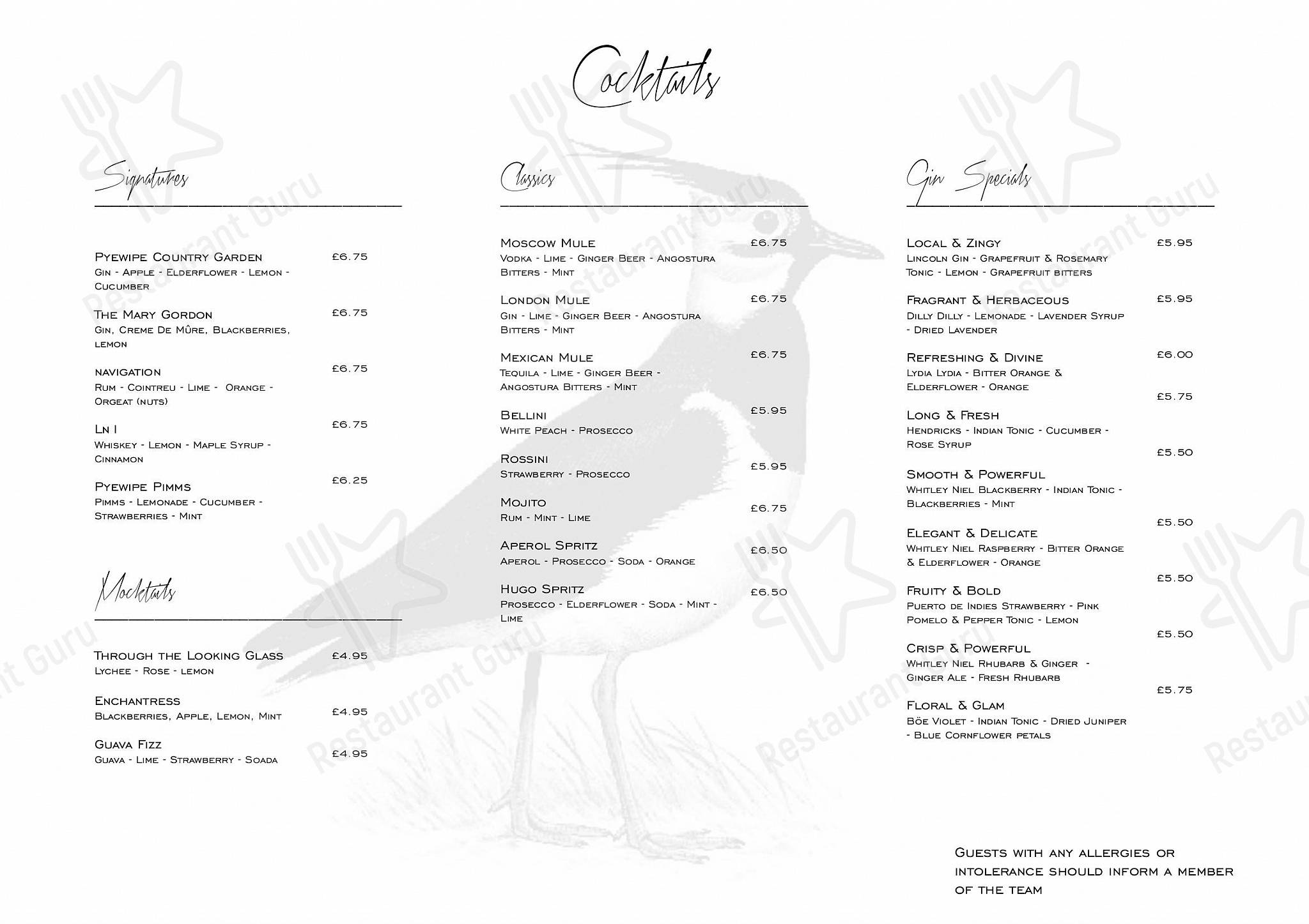 Carte menu паба и бара Pyewipe Lodge Hotel в Линкольне