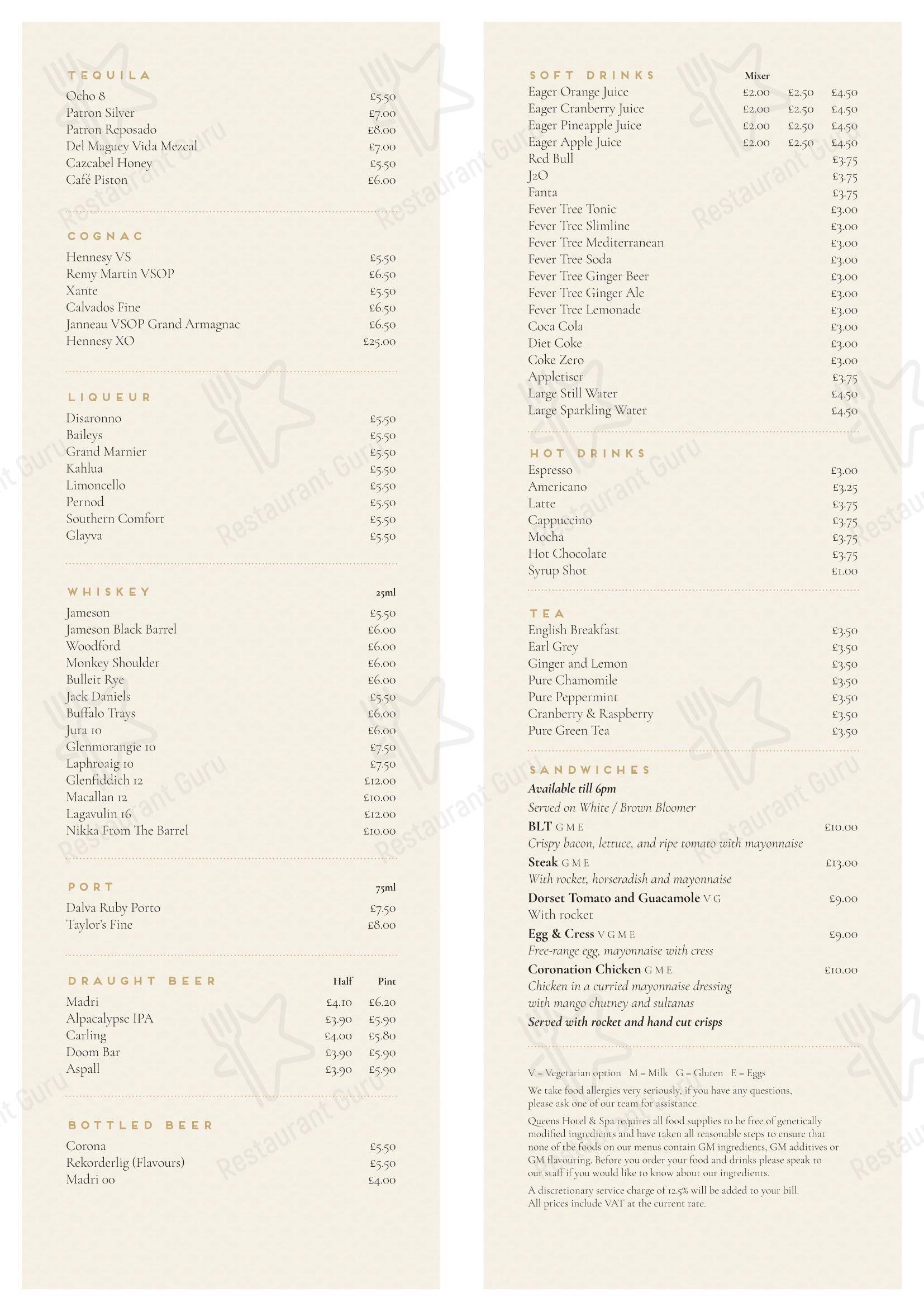 The Queens Restaurant в Борнмуте - Меню напитков