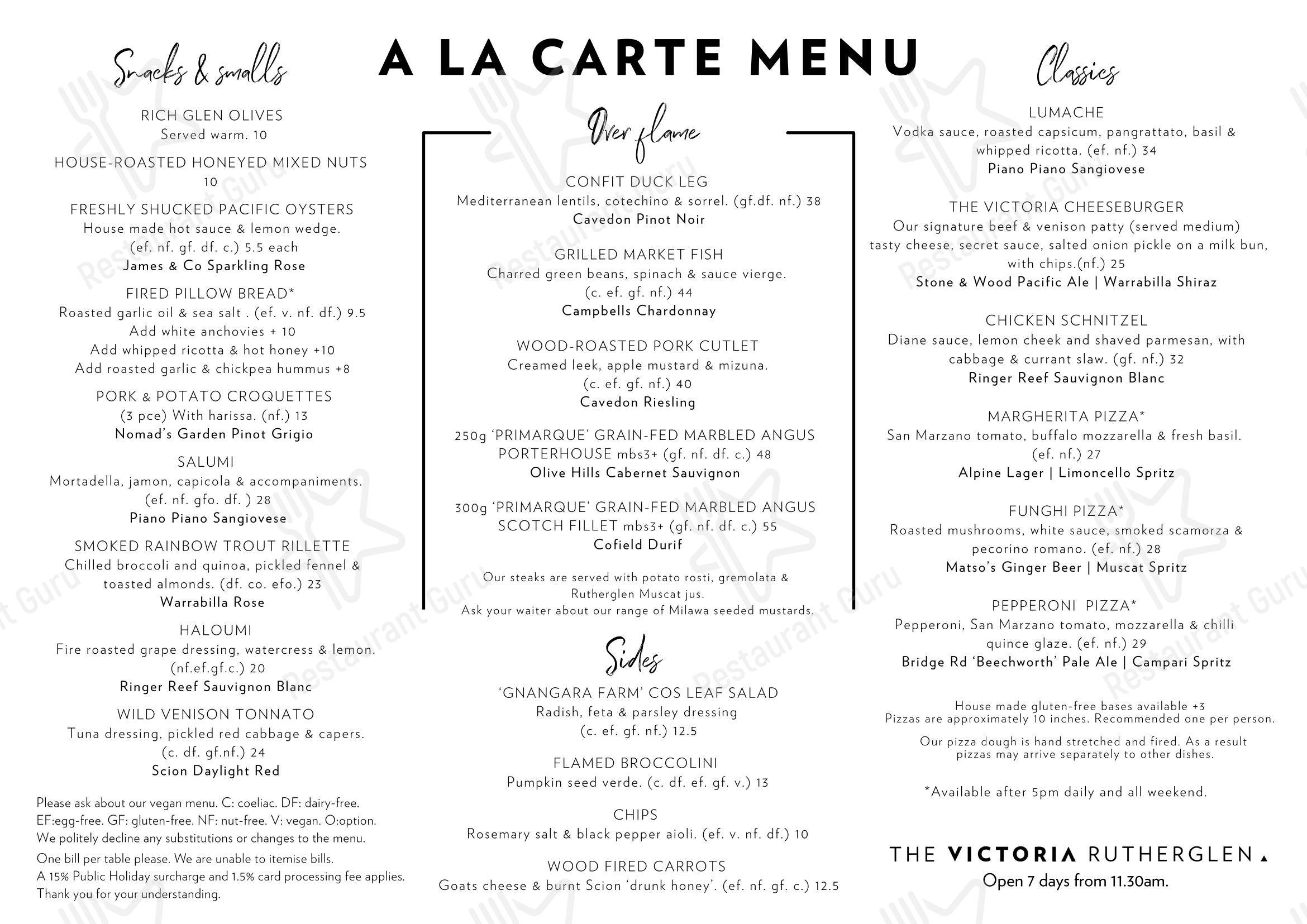 Меню паба и бара The Victoria Hotel Rutherglen в Рутерглене