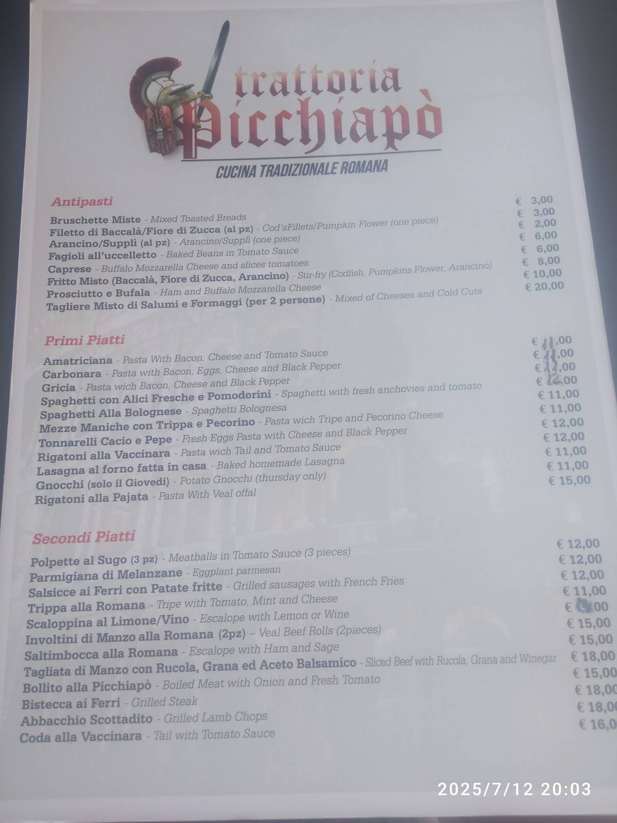 Trattoria Picchiapò меню