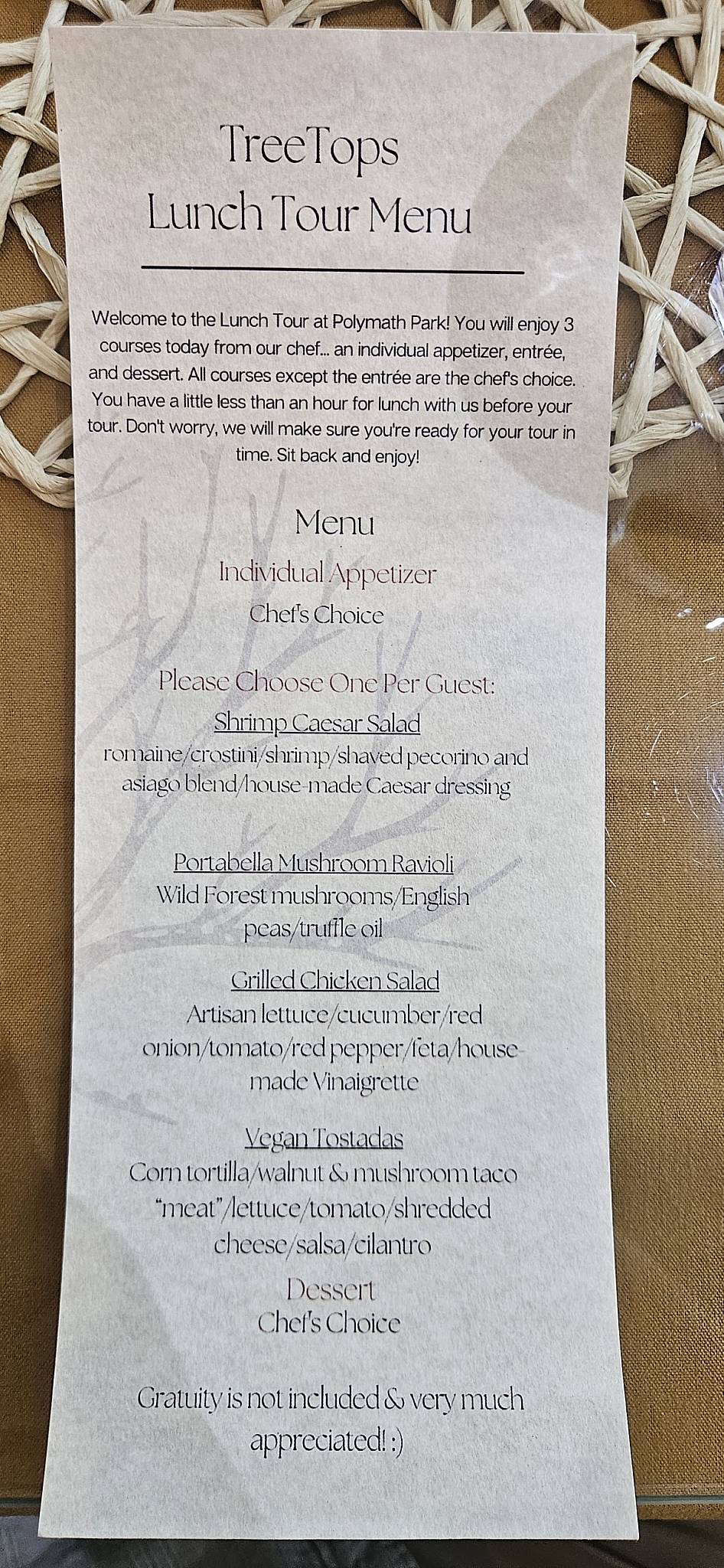 TreeTops Restaurant меню